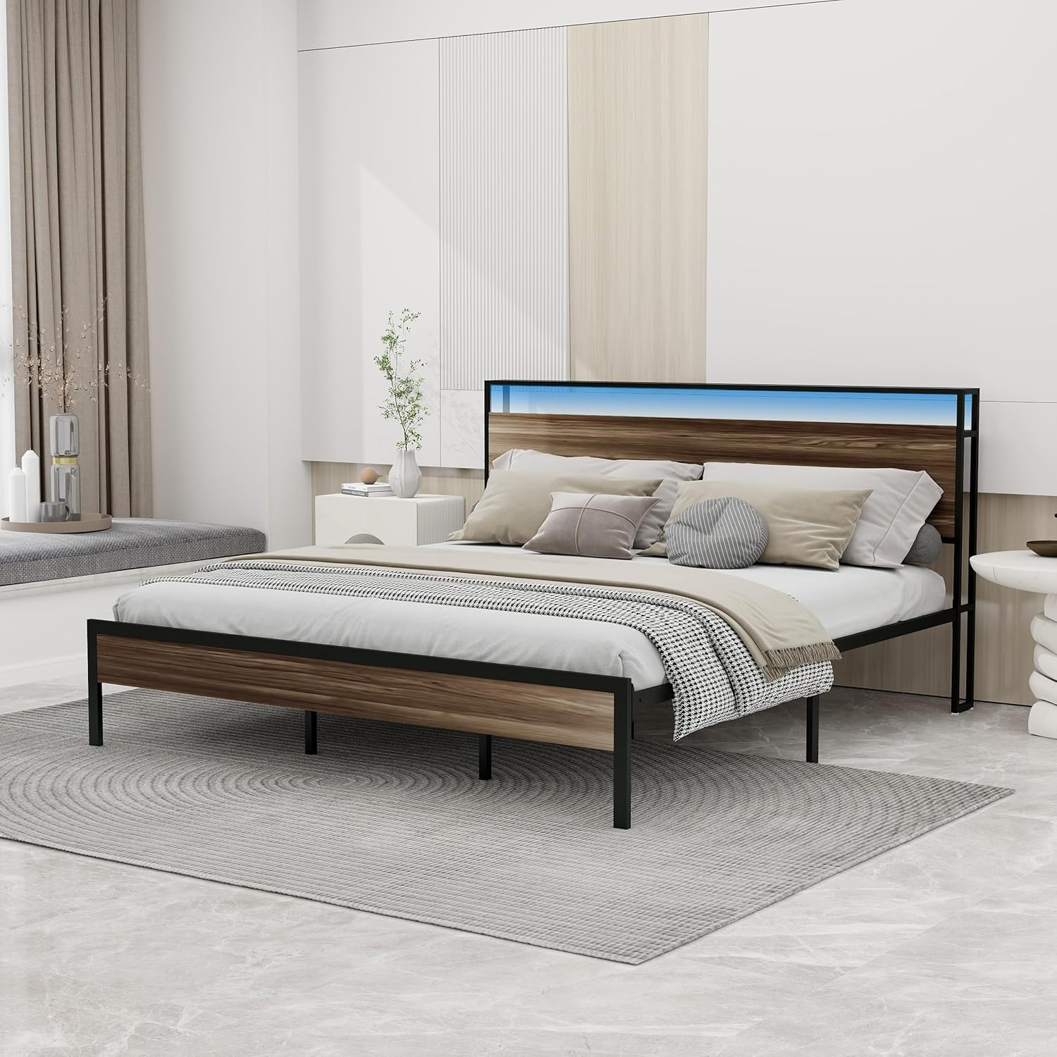 NNV King Size Metal Platform Bed Frame with USB Ports & AC Outlets, LED Lights Storage Headboard, Mahogany