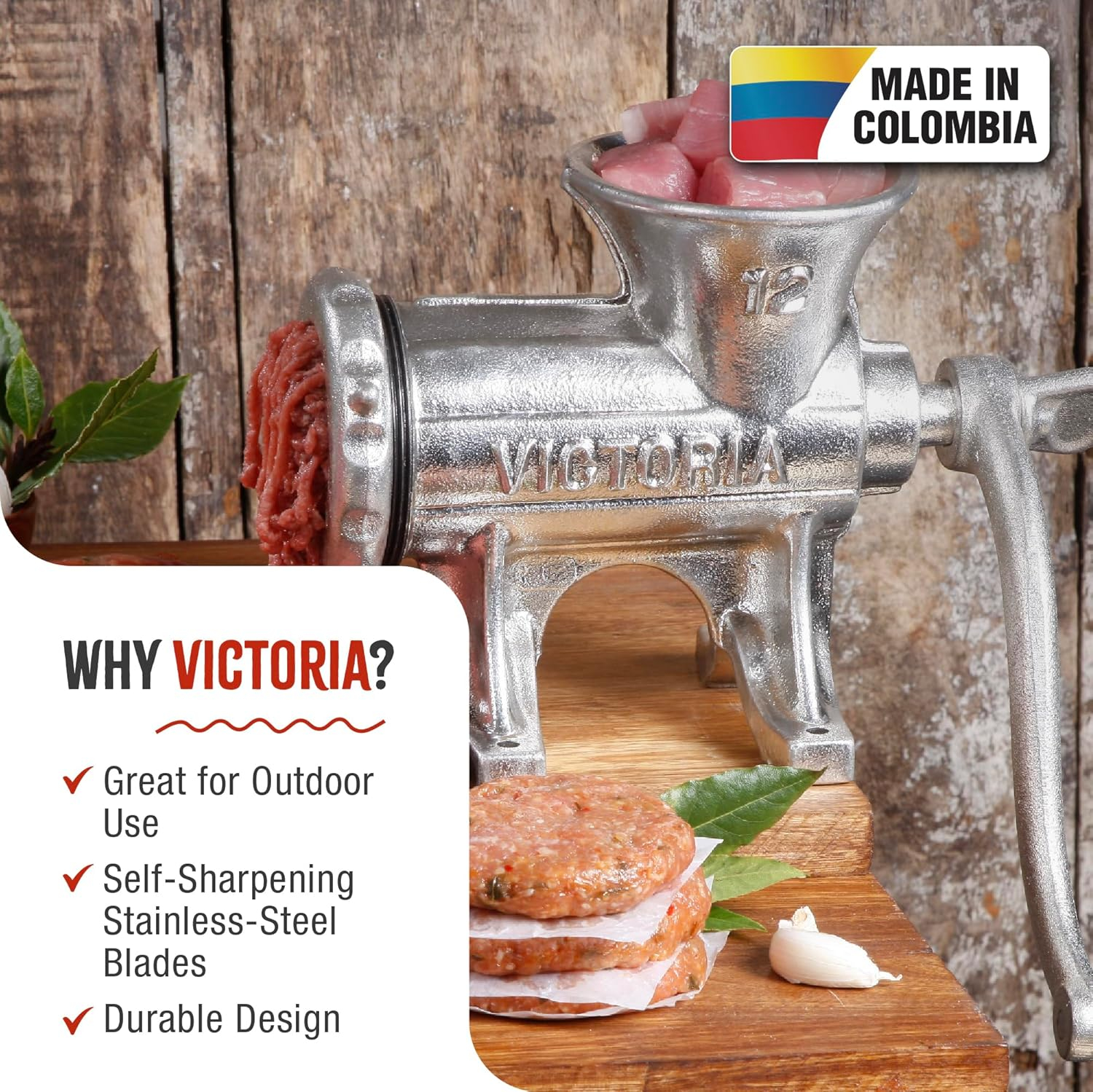 Victoria Cast Iron Meat Grinder with a Table Fixed Mount, Manual Sausage Grinder and Meat Mincer, Number 12, Made in Colombia