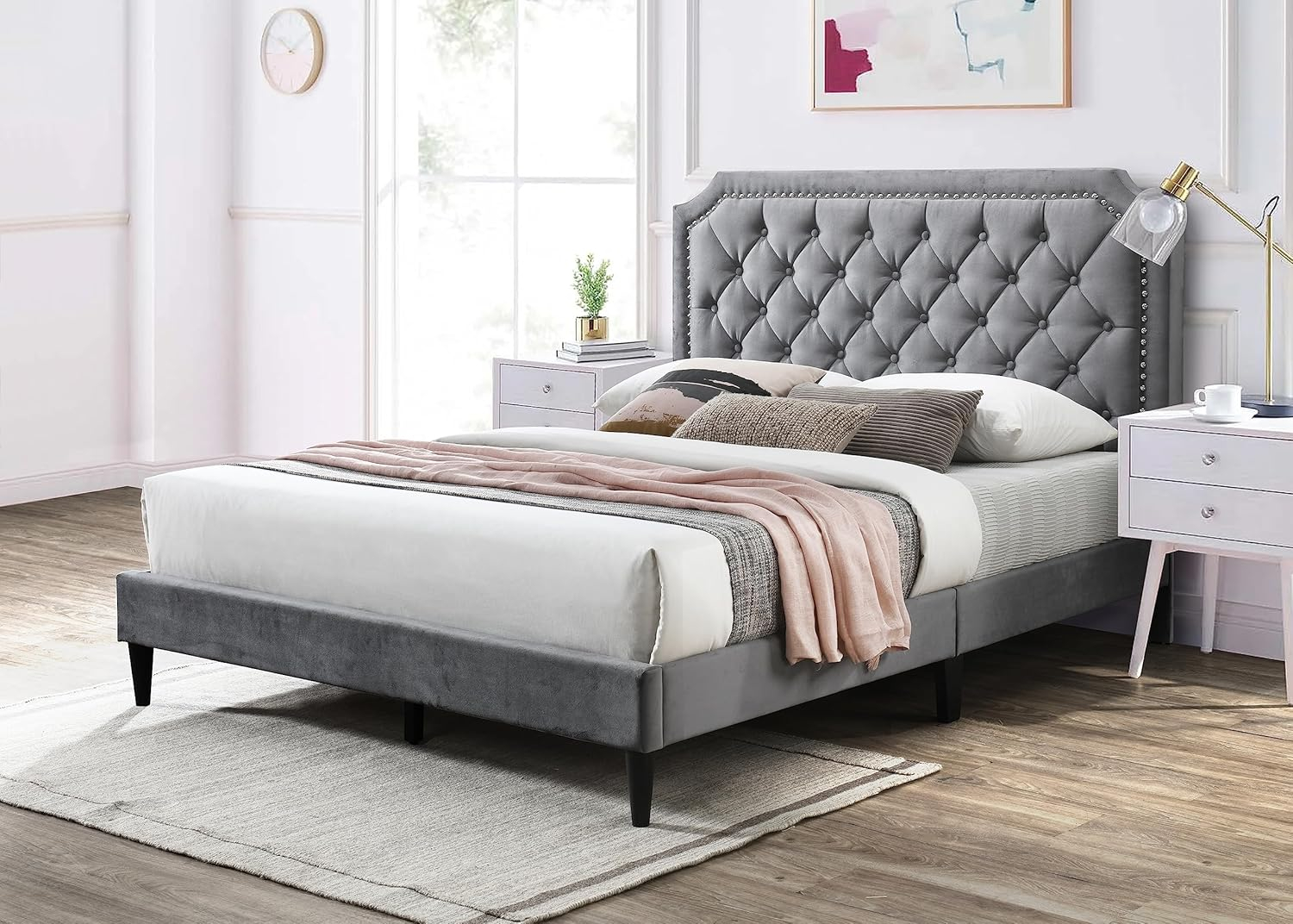 Urban Home Furniture Ava Plush Velvet Tufted Buttoned Upholstered Headboard Clipped Edge Nailhead Decorated Platform Bed Frame with Wood Slats Support Legs Queen - Charcoal Grey