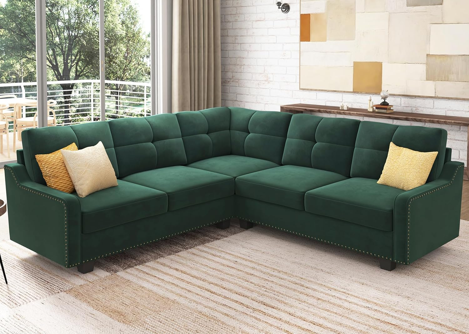 HONBAY Velvet L Shaped Couch Corner Sofa for Living Room Furniture Sets in Green