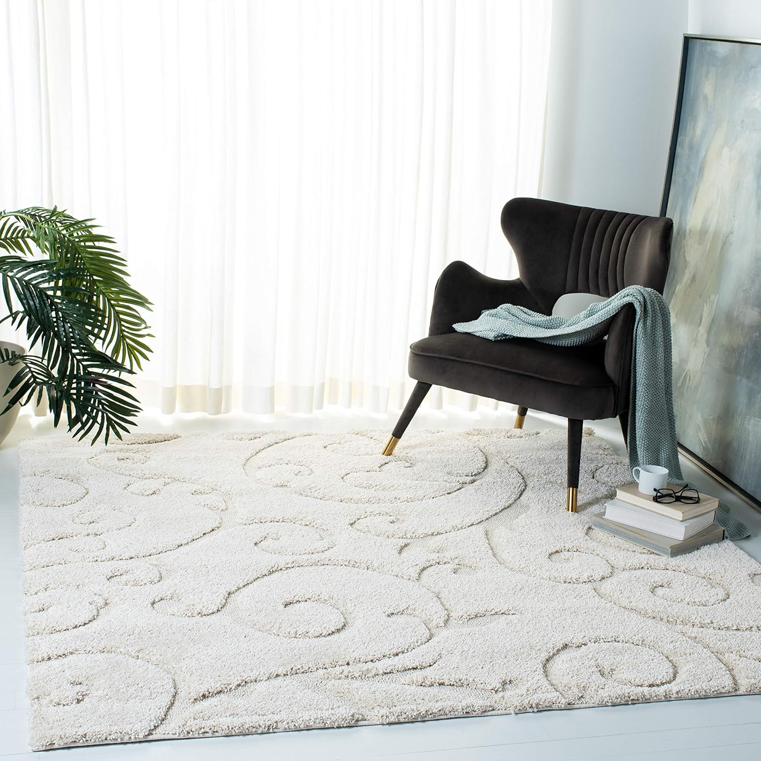 SAFAVIEH Florida Doug Floral Vines Shag Area Rug, Cream, 11' x 11' Square
