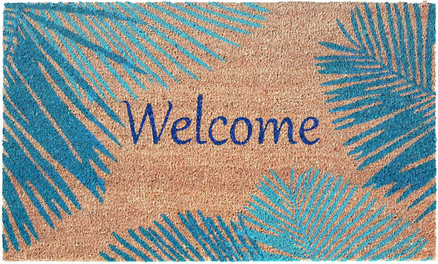 Blue Coir Outdoor Doormat with Palm Border, 24" x 36"