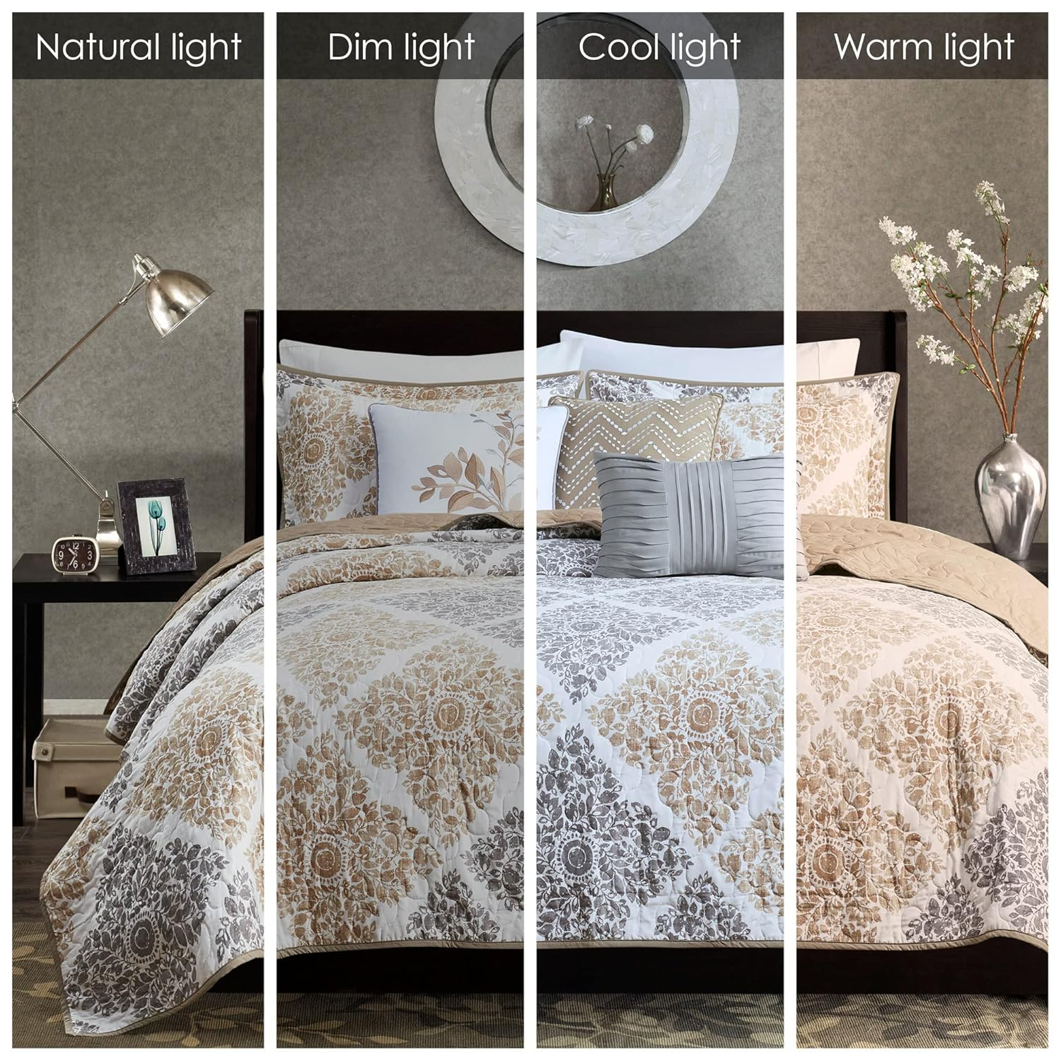Madison Park Claire Quilt Modern Design - All Season, Breathable Coverlet Lightweight Bedding Set, Matching Shams, Decorative Pillow, King/Cal King (104 in x 92 in), Diamond Neutral 6 Piece