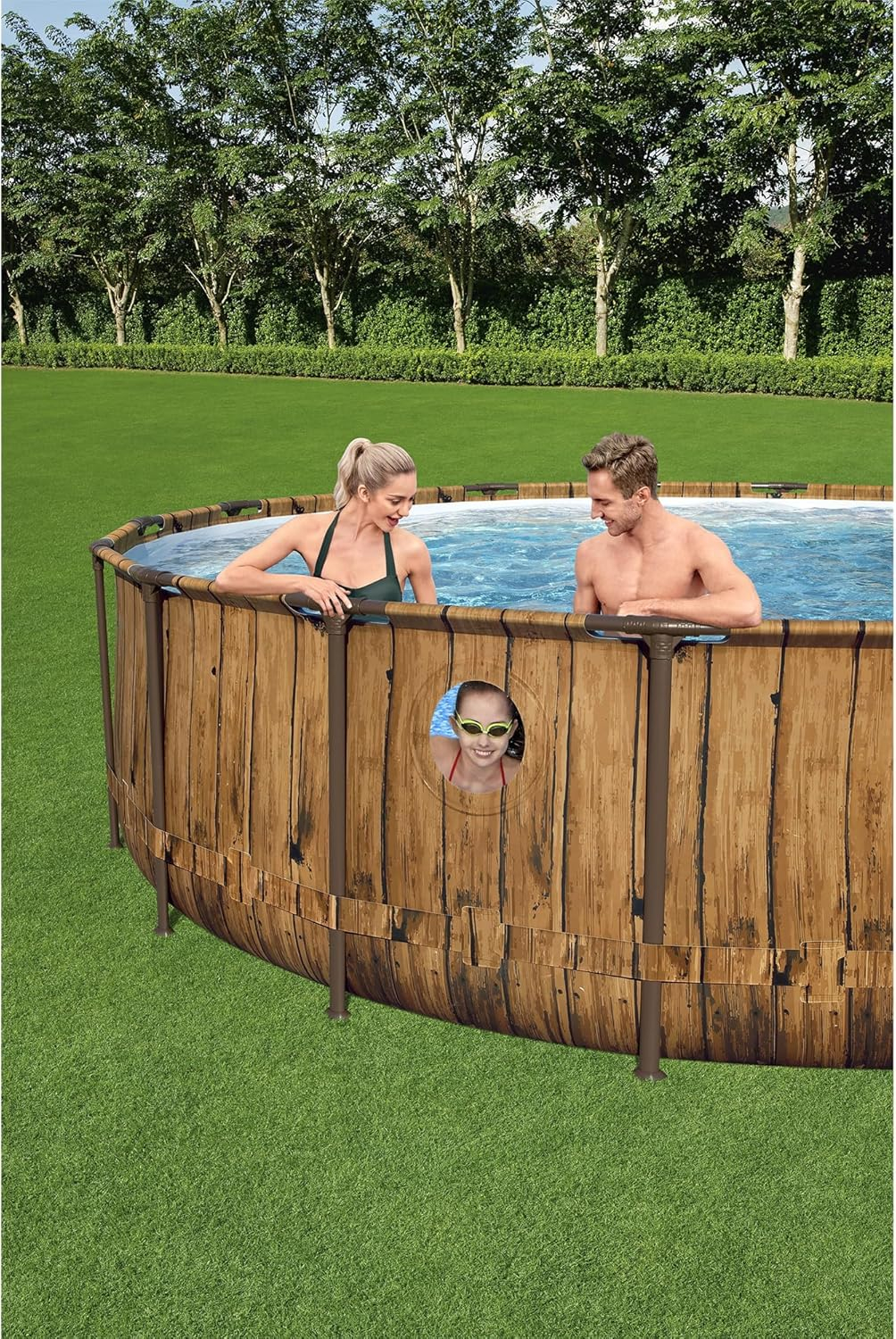 Bestway Power Steel Swim Vista Series II 16' x 48" Round Above Ground Outdoor Swimming Pool Set with Built-in Windows, Filter Pump, Ladder, and Cover
