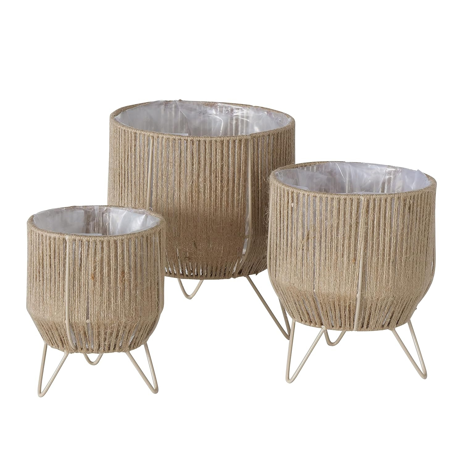 Boho Chic 3 Piece Rope Wrapped Planter Set, Natural Woven Jute, Beige Iron Framework, Plastic Lined, 6, 7 and 8 Inches, Hand Made