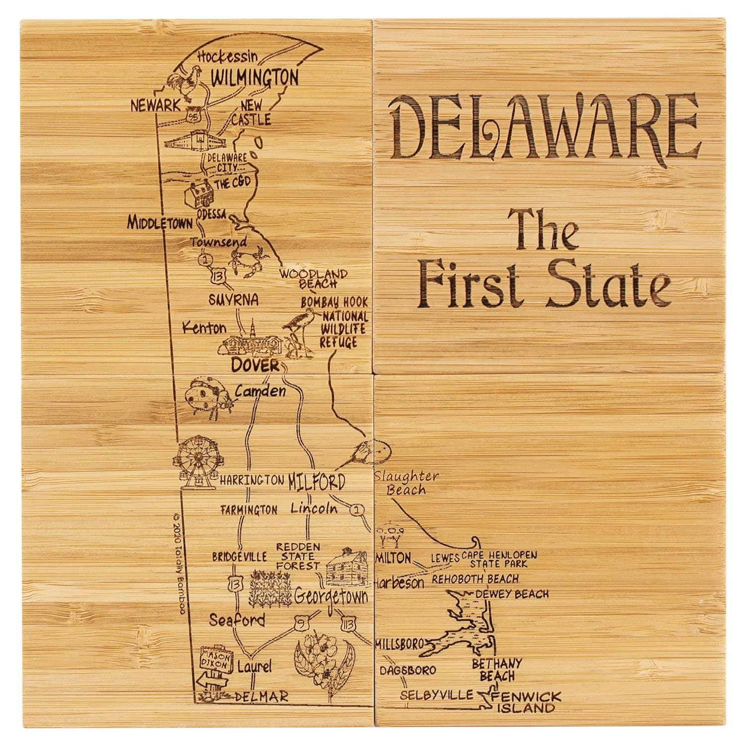 Delaware State Puzzle Bamboo Coaster Set with Case