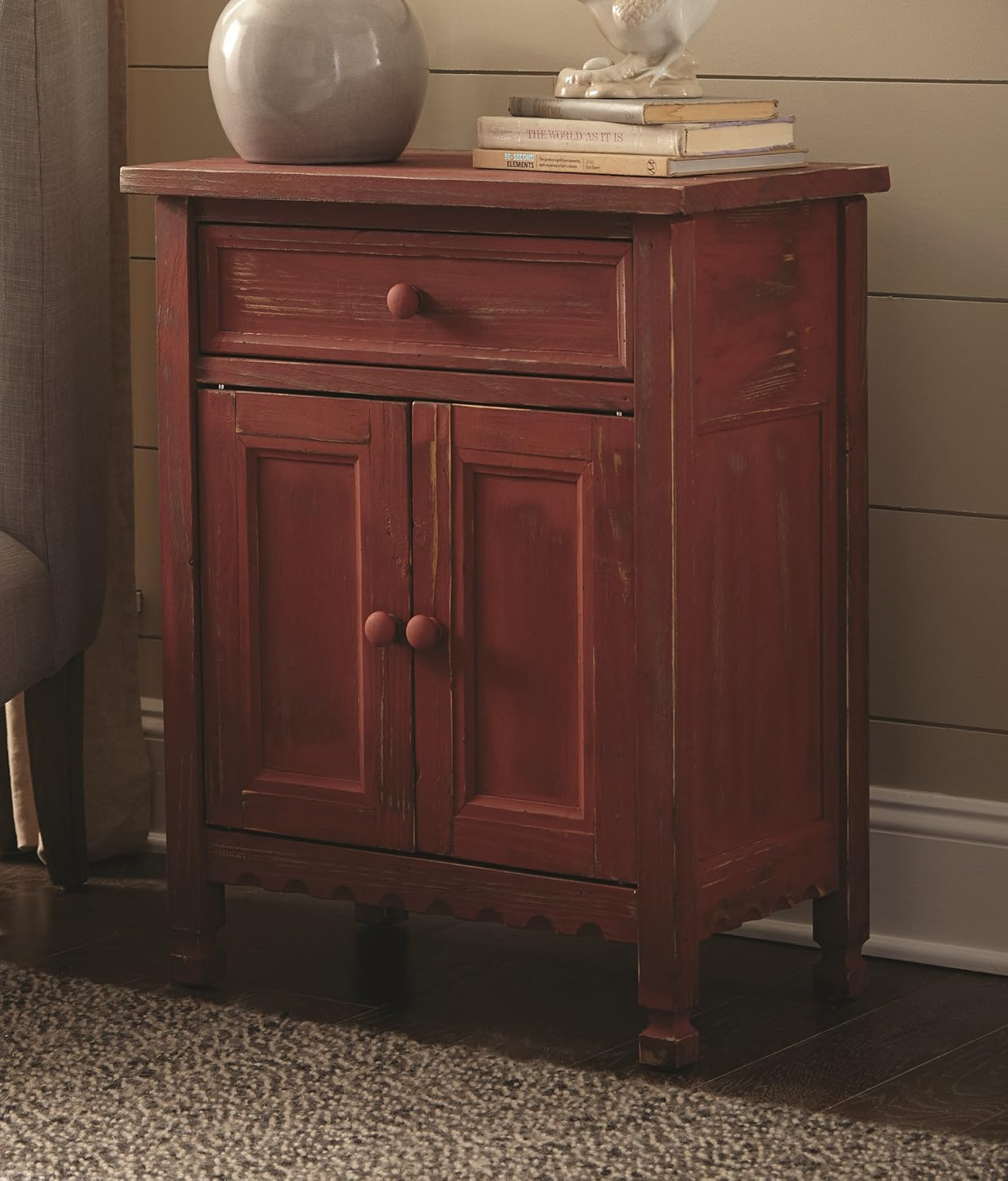Alaterre Furniture Country Cottage Accent Cabinet, Antique Farmhouse Style Shelf and Square Turned Legs, Pine/Acacia Hardwood for Living Room, Red