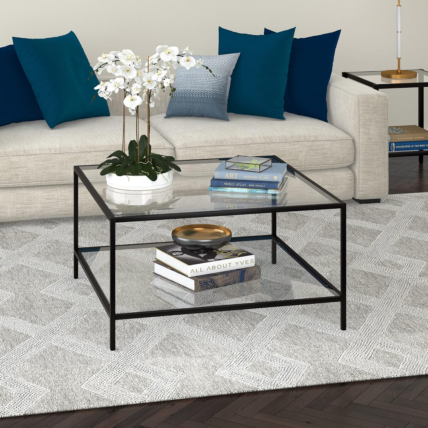 Henn&Hart 32" Square Blackened Bronze Coffee Table with Glass Shelf