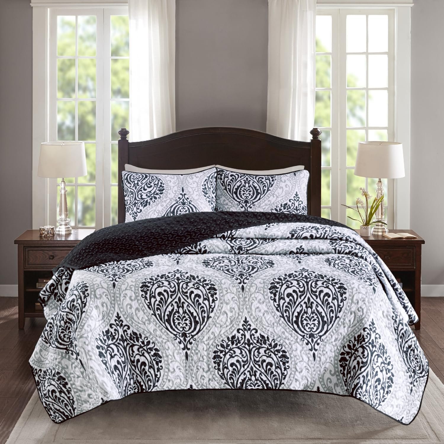 Comfort Spaces Coco 3 Piece Black and White Damask Coverlet Set, Queen | Lightweight Summer
