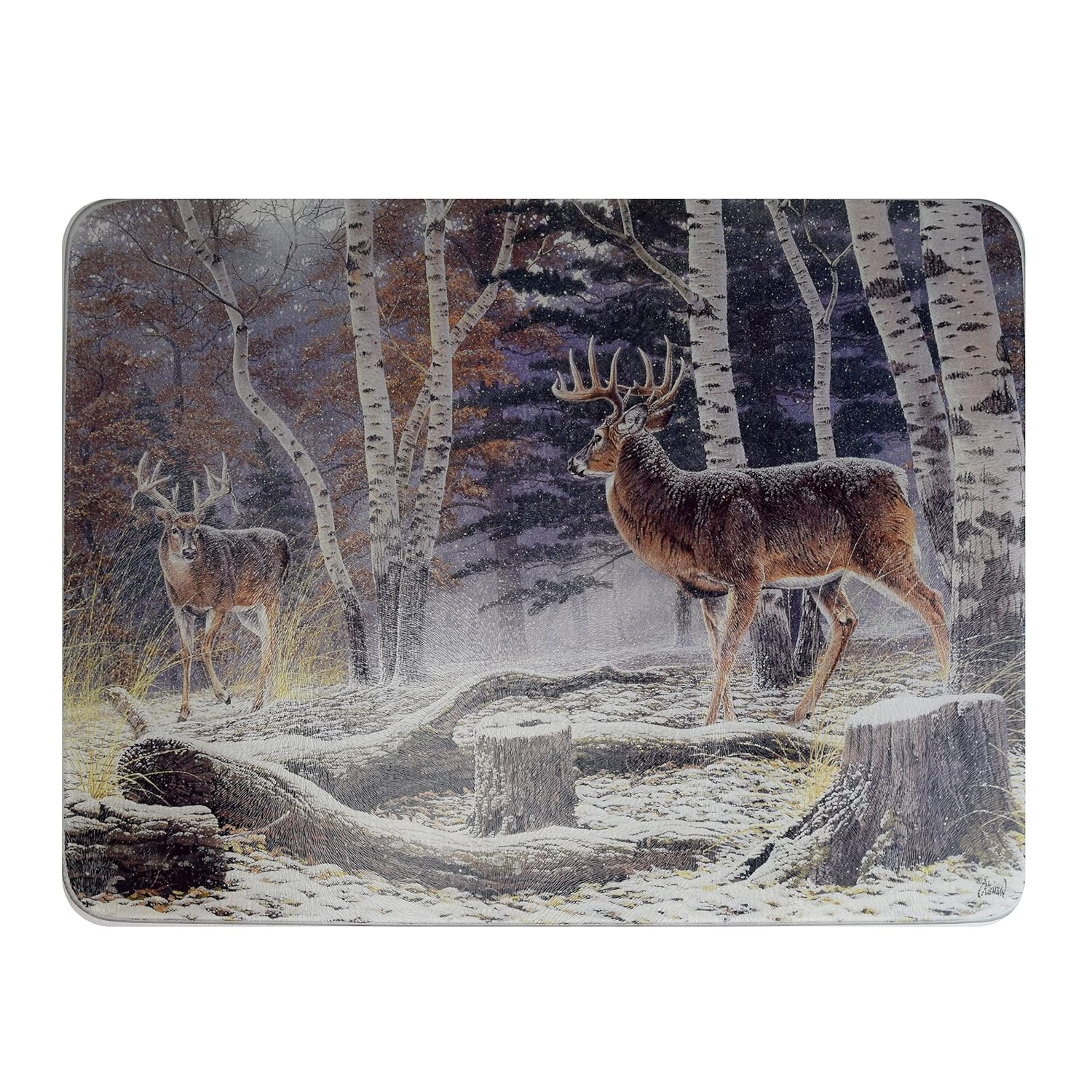 Rivers Edge Products Large 12in x 16in Decorative Tempered Glass Cutting Board, Hypoallergenic, Non Slip, Textured Surface Chopping Board for Kitchen, Deer in the Snow and Woods, Confrontation