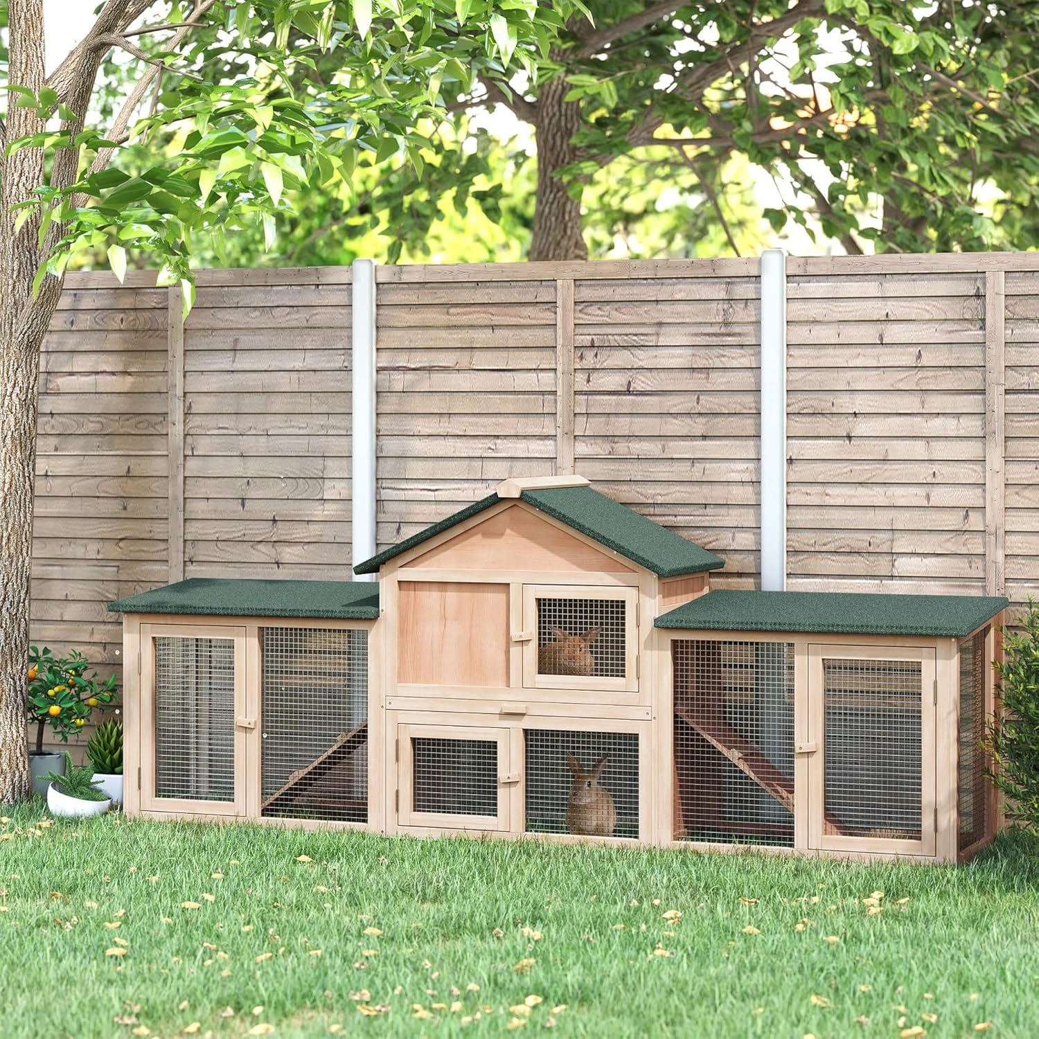 PawHut 83" L Outdoor Rabbit Hutch with Double Runs, Large Guinea Pig Cage Indoor, Wooden Bunny Hutch with Weatherproof Roof, Removable Tray, Ramps, Natural