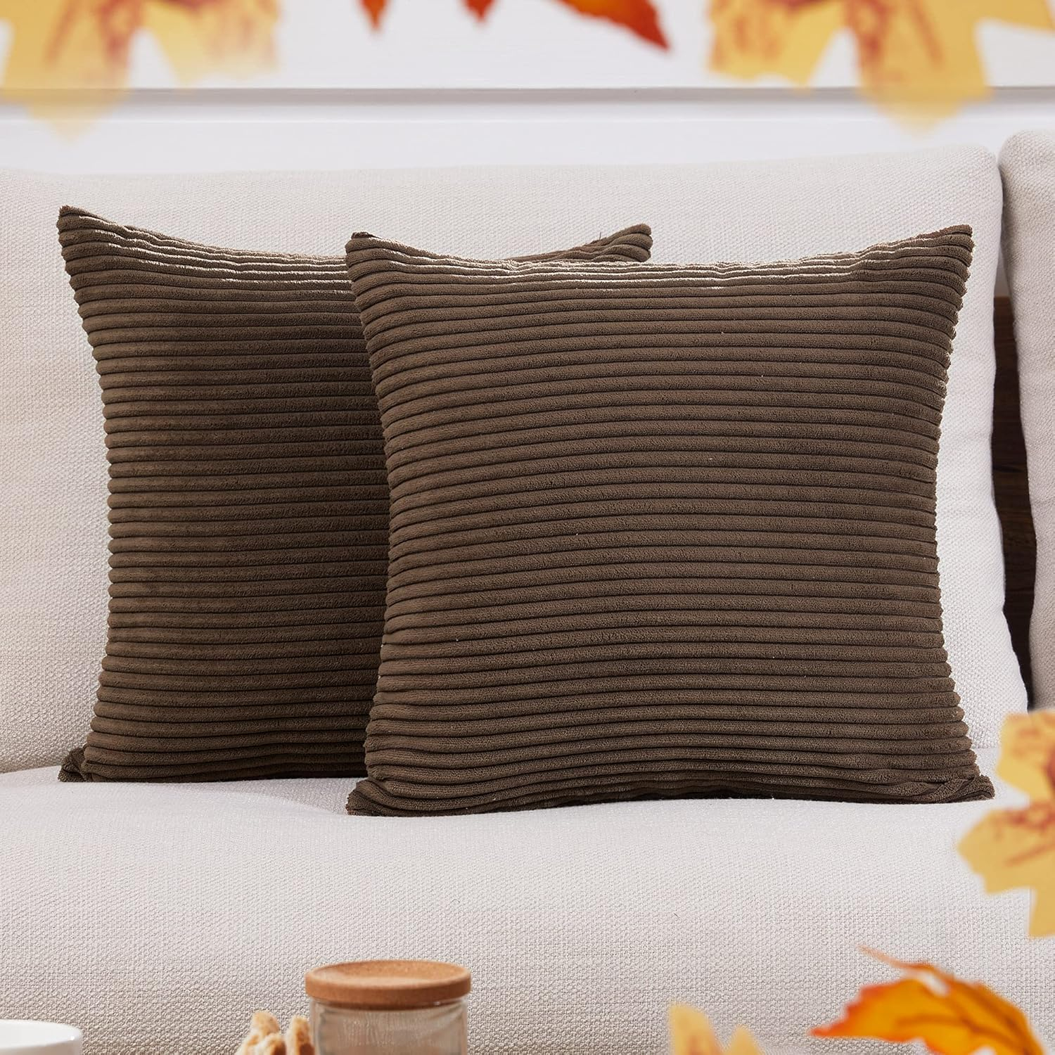 Deconovo Traditional Solid Square Pillow Covers, Gray Striped Texture, 16x16 inch, Set of 2.