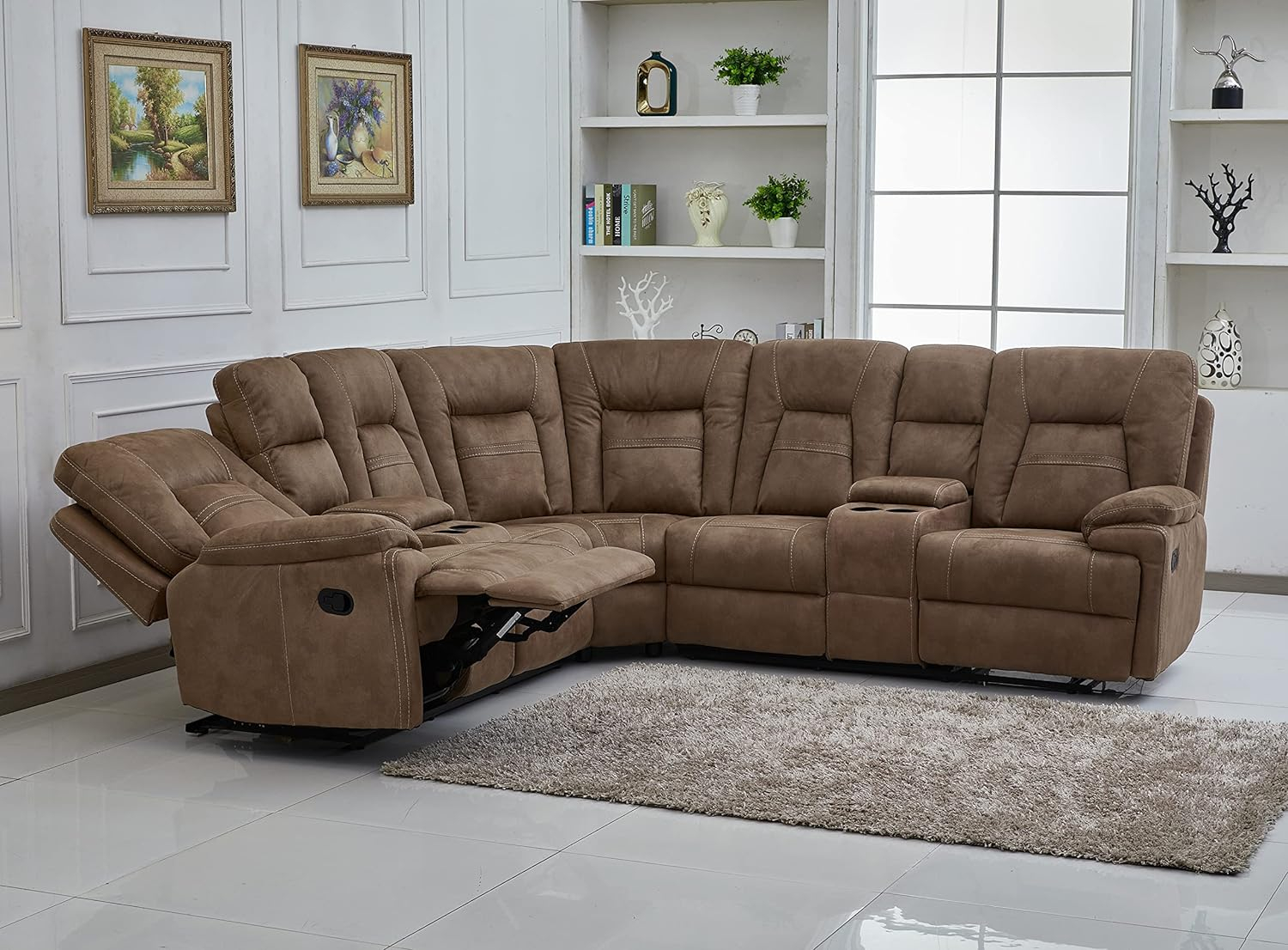 Betsy Furniture Large Microfiber Reclining Sectional Living Room Sofa in Latte 8038