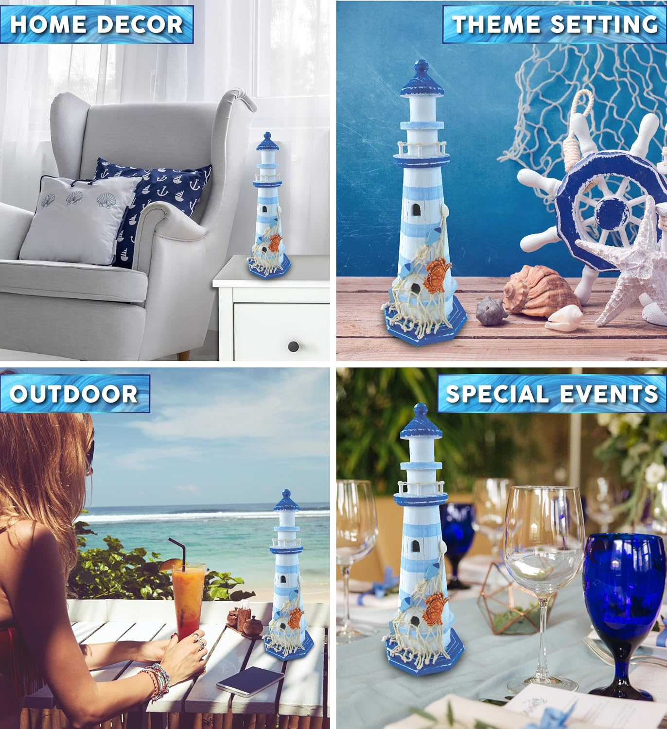 Handcrafted Light Blue and White Wooden Lighthouse Figurine with Crab