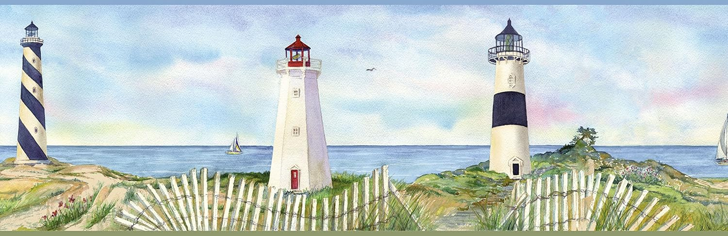 Eugene Light Blue Coastal Lighthouse Portrait Blue Wallpaper Border