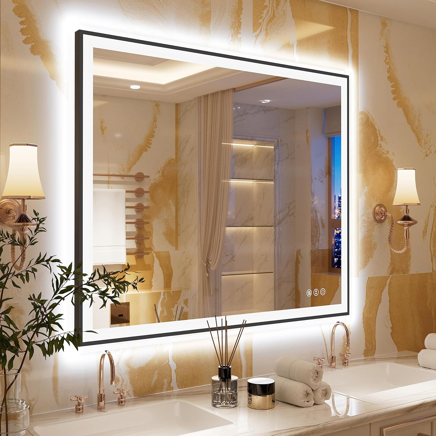 LED Bathroom Mirror 48x40 with Backlit and Front Lighted, Framed Dimmable Illuminated Mirror for Wall Anti-Fog Shatterproof (Horizontal/Vertical)…