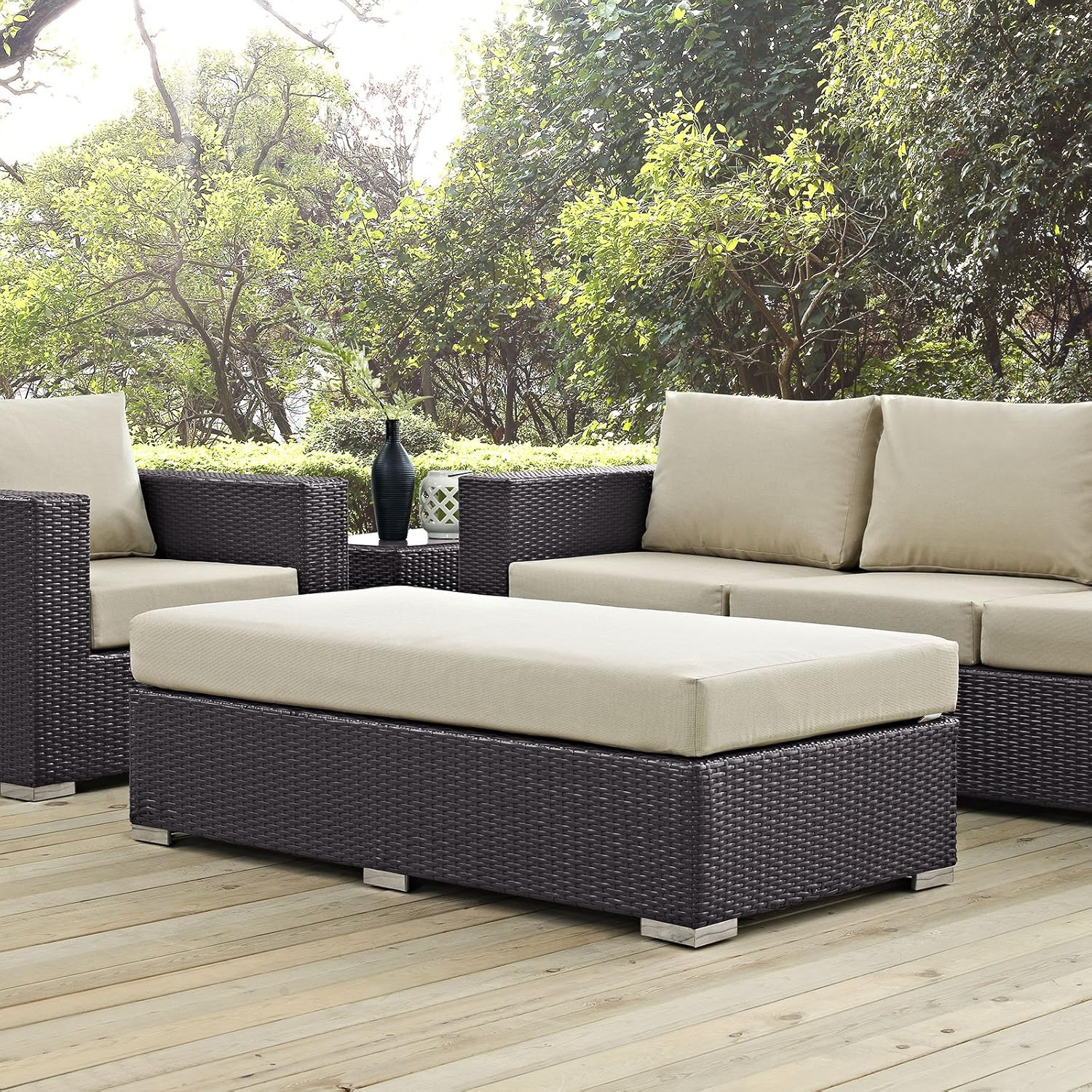 Modway Convene Outdoor Patio Fabric Rectangle Ottoman in Espresso Beige