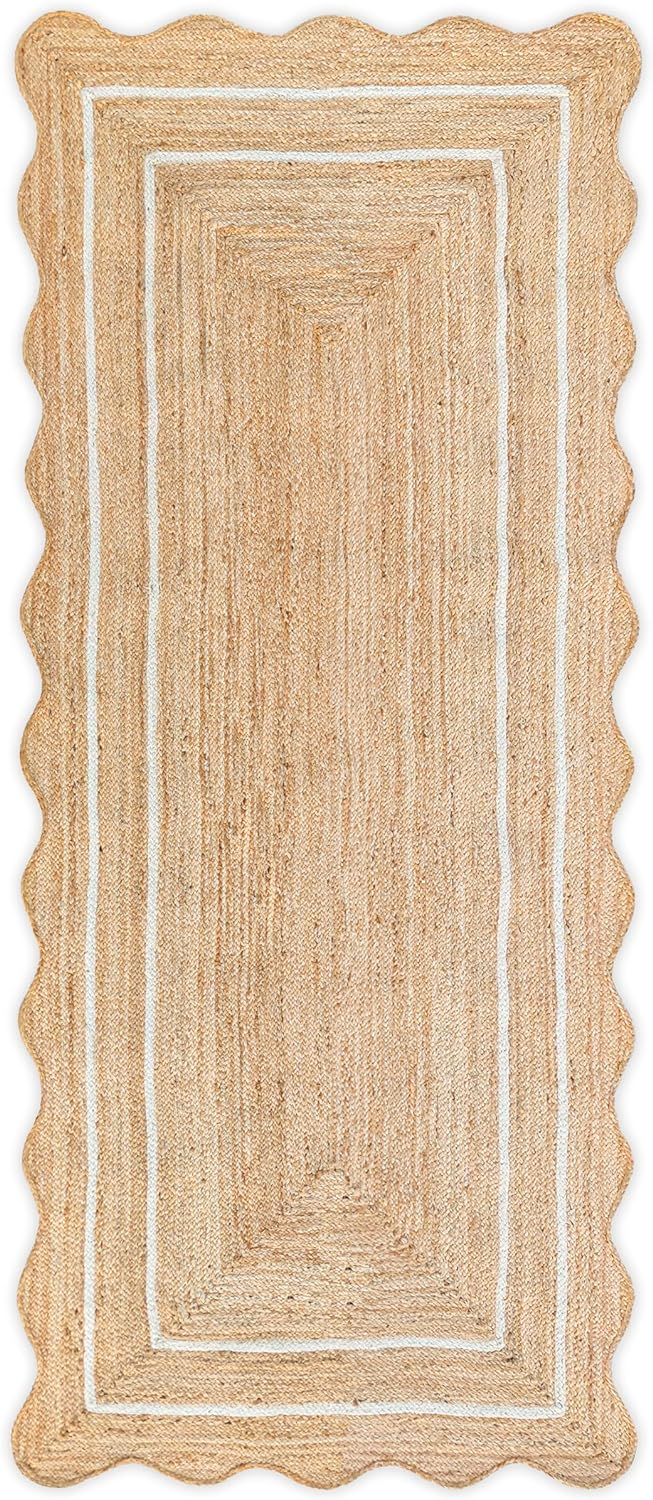 Weaving Village Wave Scalloped Natural Jute Rug Boho Jute Rug Entryway Runner Rug Farmhouse Scallop Rug, Off White (2'x6')