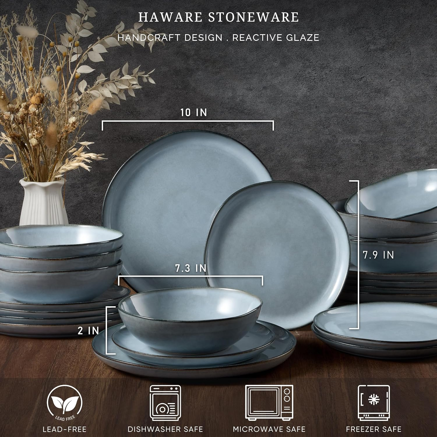HaWare Dish Set for 4, 12-Piece Stoneware Dinnerware Sets, Round Plates and Bowls Set, Ceramic Dishware for Home Restaurant, Crack and Scratch Resistant, Microwave and Oven Safe, Reactive Foggy Blue