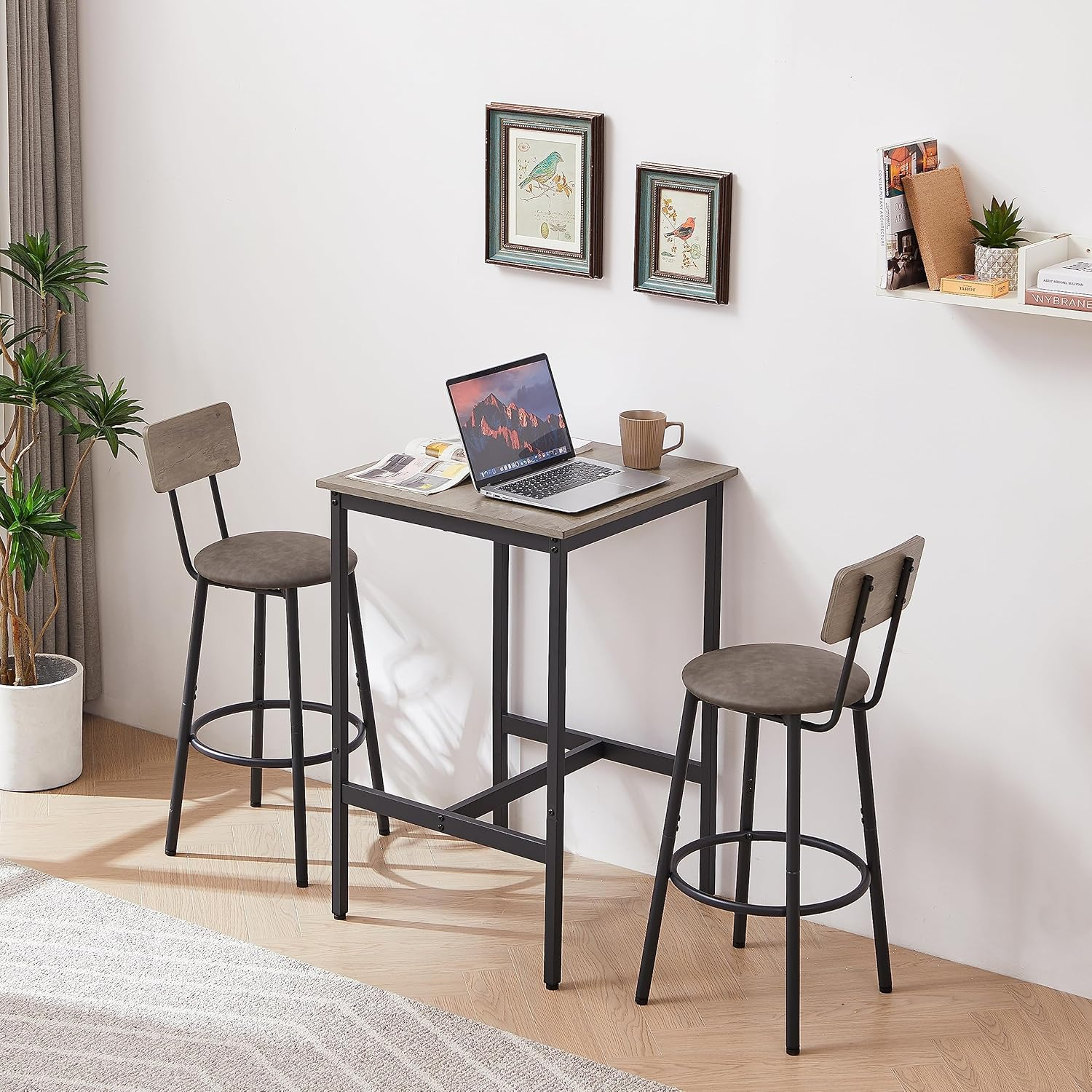 Bar Table and Chairs Set, 3-Piece Small High Top Table and 2 Stools with PU Soft Seat and Backrest, Square Dining Table Set for Small Space Apartment, Grey,23.62'' W x 23.62'' D x 35.43'' H