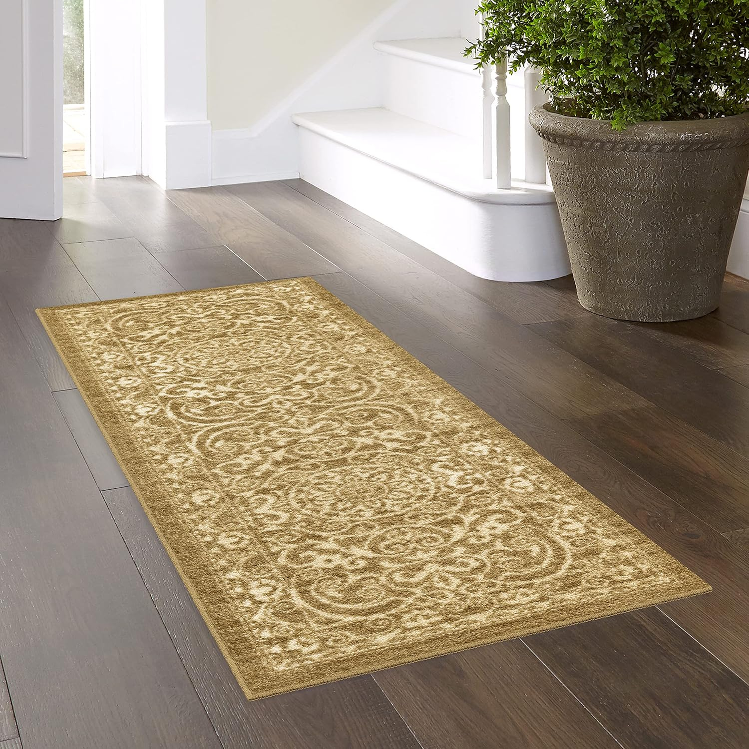 Vintage Scroll Design Khaki Synthetic Runner Rug