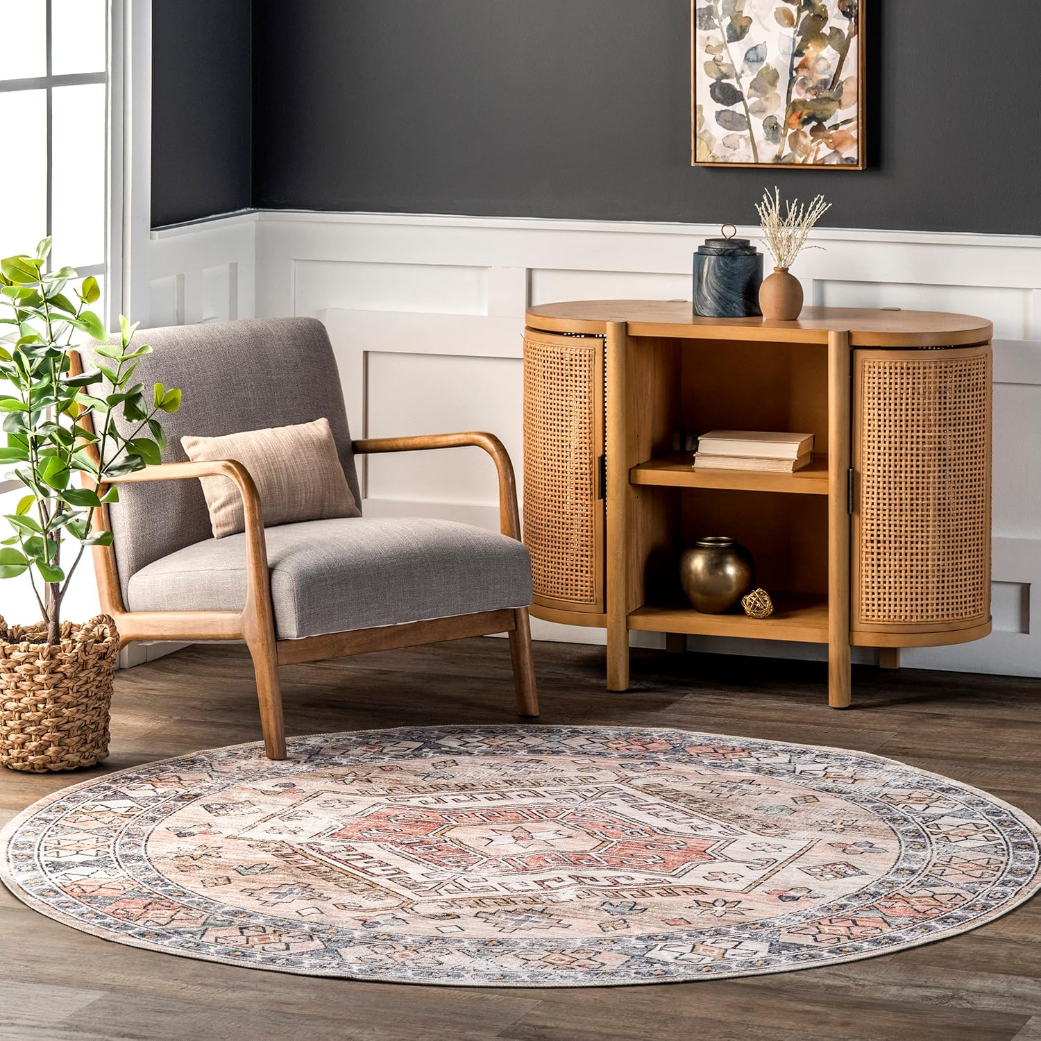 nuLOOM Mae Tribal Motif Machine Washable Peach 6' Modern Round Rug