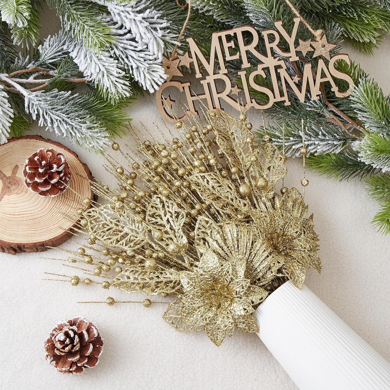 24 Pack Christmas Tree Ornaments - Artificial Flowers Glitter Berry Stems Christmas Floral Picks Branches for Xmas Tree Decorations Vase Filler Holiday Wedding Party Home Decor (Gold)