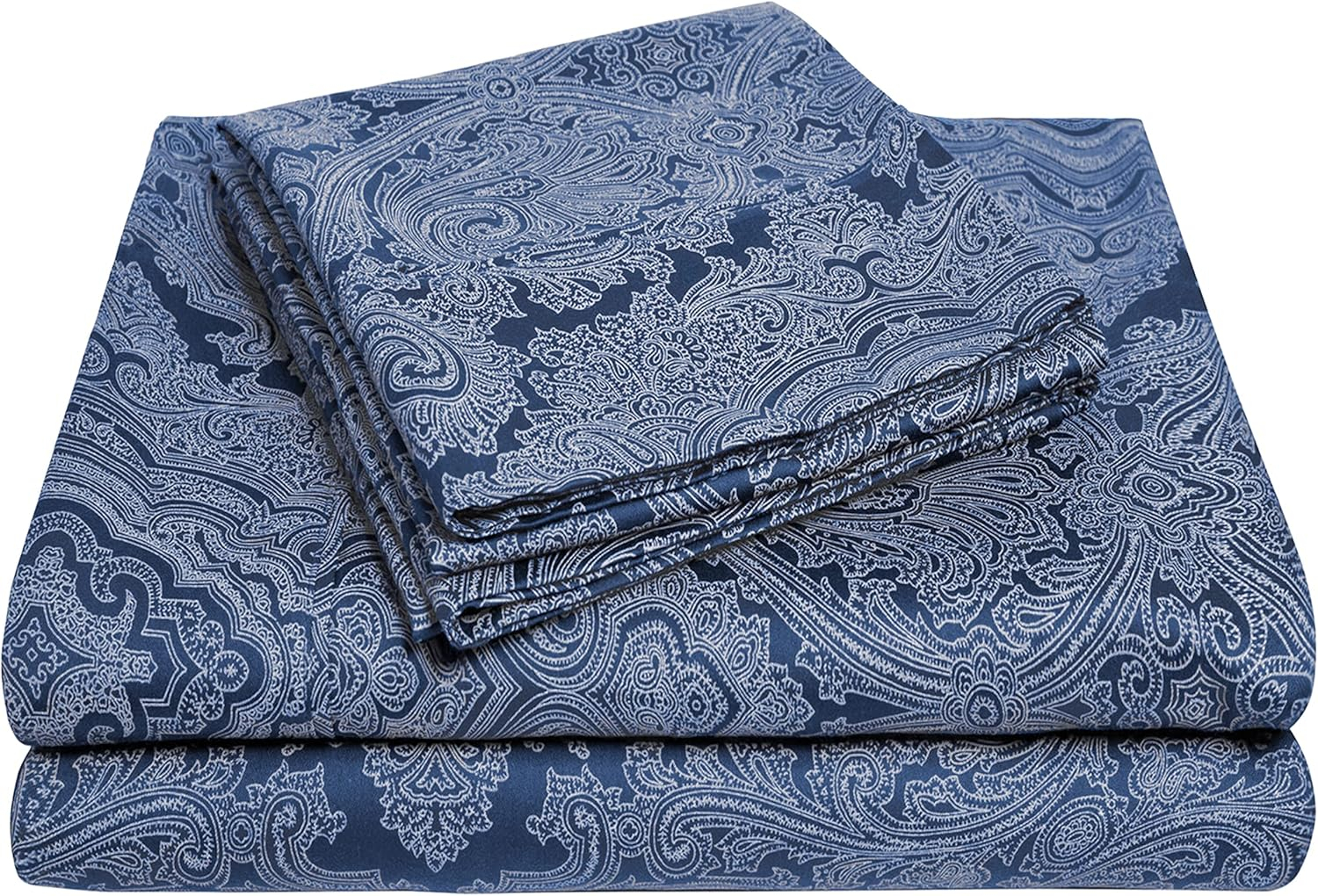 Superior Italian Paisley Cotton Blend Classic Sheet Set, Twin, Navy Blue