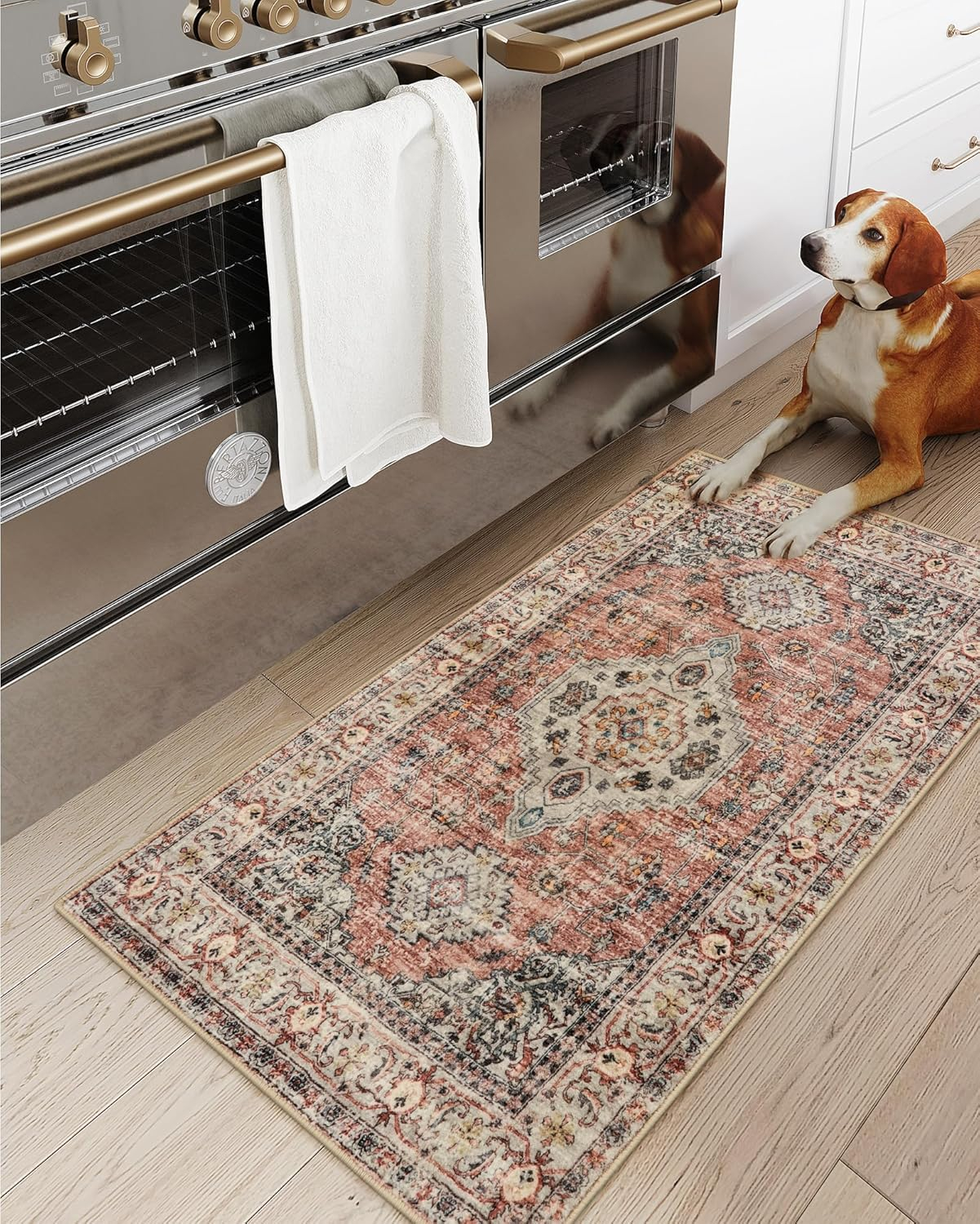 Lahome Oriental Small Area Rug, 2x4 Soft Washable Rugs for Entryway Kitchen, Non-Slip Ultra-Thin Indoor Door Mat Distressed Vintage Small Carpet for Bathroom Bedroom, Peach/Orange