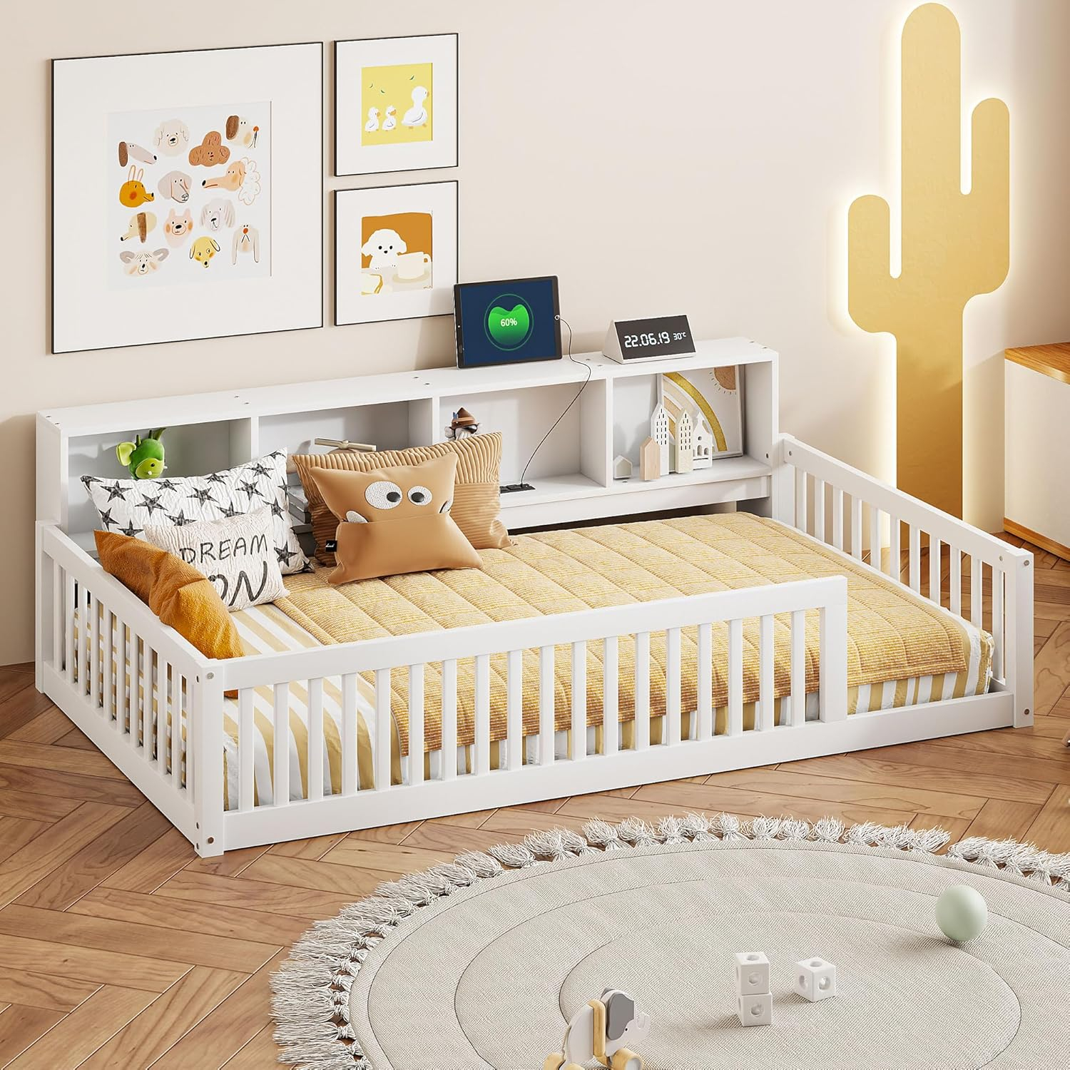 Kumix Twin XL Size Floor Bed with 4 Open Storage Cabinets and USB Ports, Solid Wood Daybed Frame with Semi-Enclosed Fence for Bedroom, No Weight Capacity Limit, Noise-Free, Easy Assembly, White