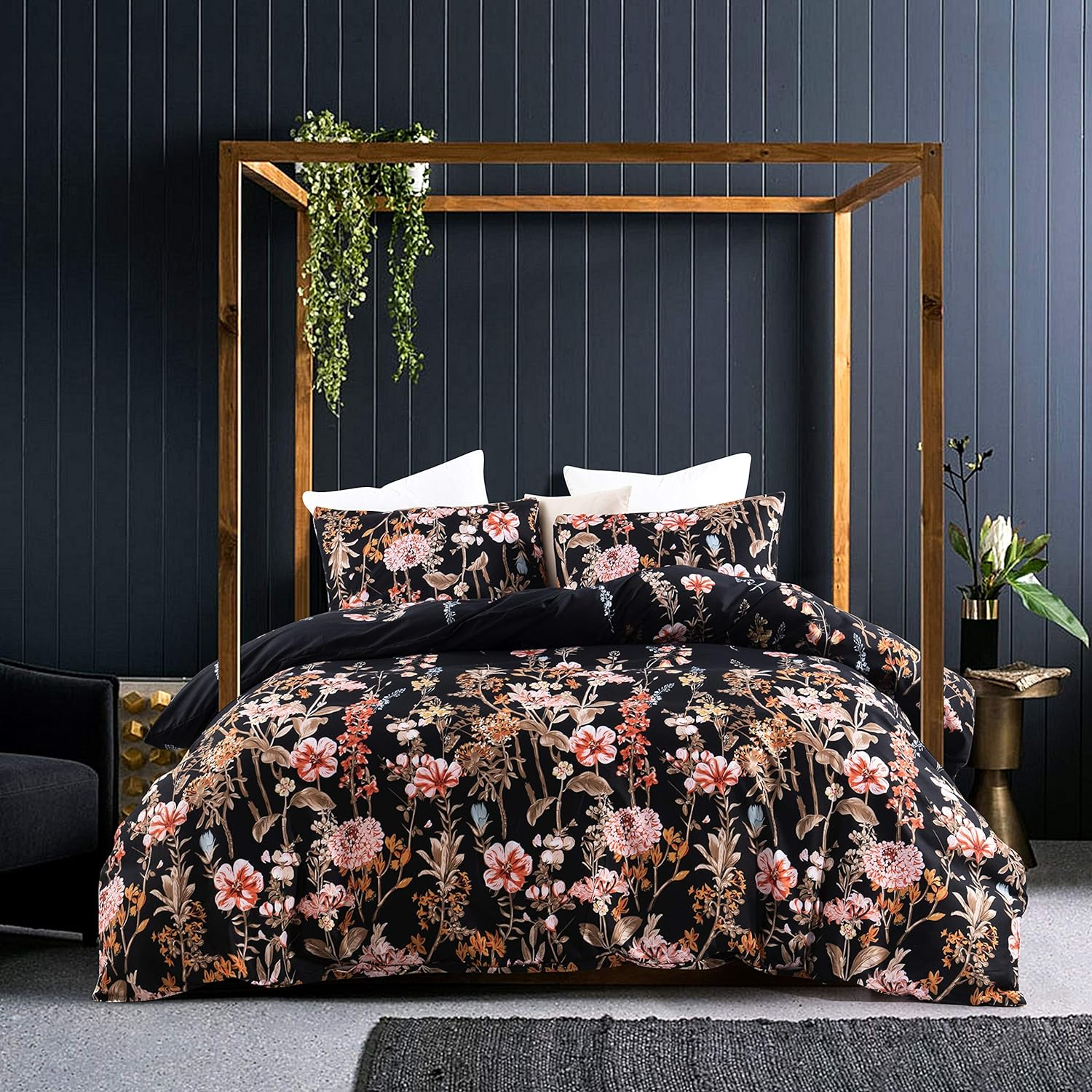 GETIANN Black Floral Duvet Cover Set Twin Comforter Cover Set 2 Pieces Bedding (1 Comforter Cover 68"x90" with 1 Pillow Sham) Soft Lightweight Bedding Set Hotel Quality