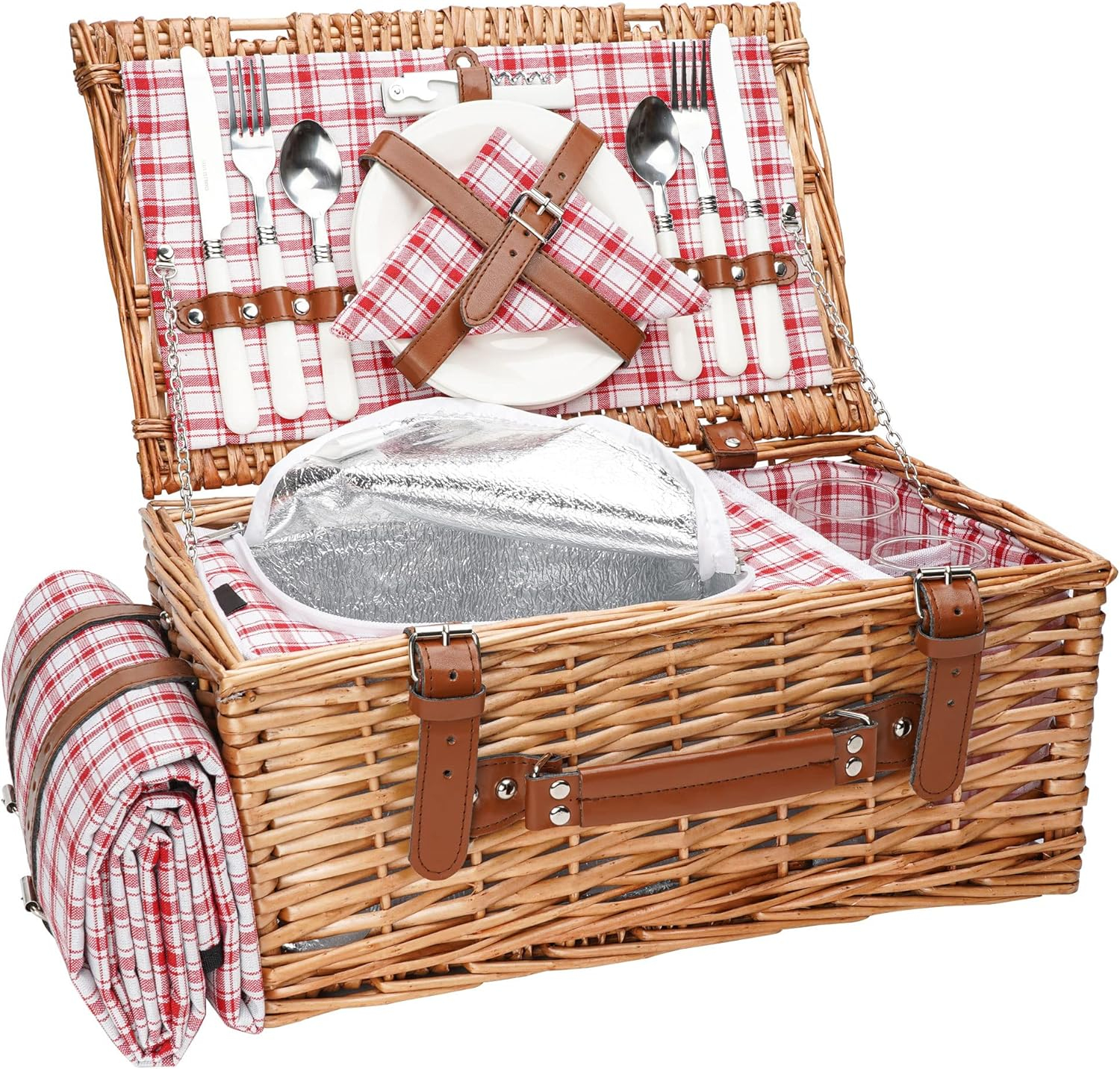 Wicker Picnic Basket Set for 2 Persons with Waterproof Picnic Blanket and Large Insulated Cooler Compartment, Willow Picnic Hamper Basket with Cutlery Service Kits for Camping, Wedding (Red)