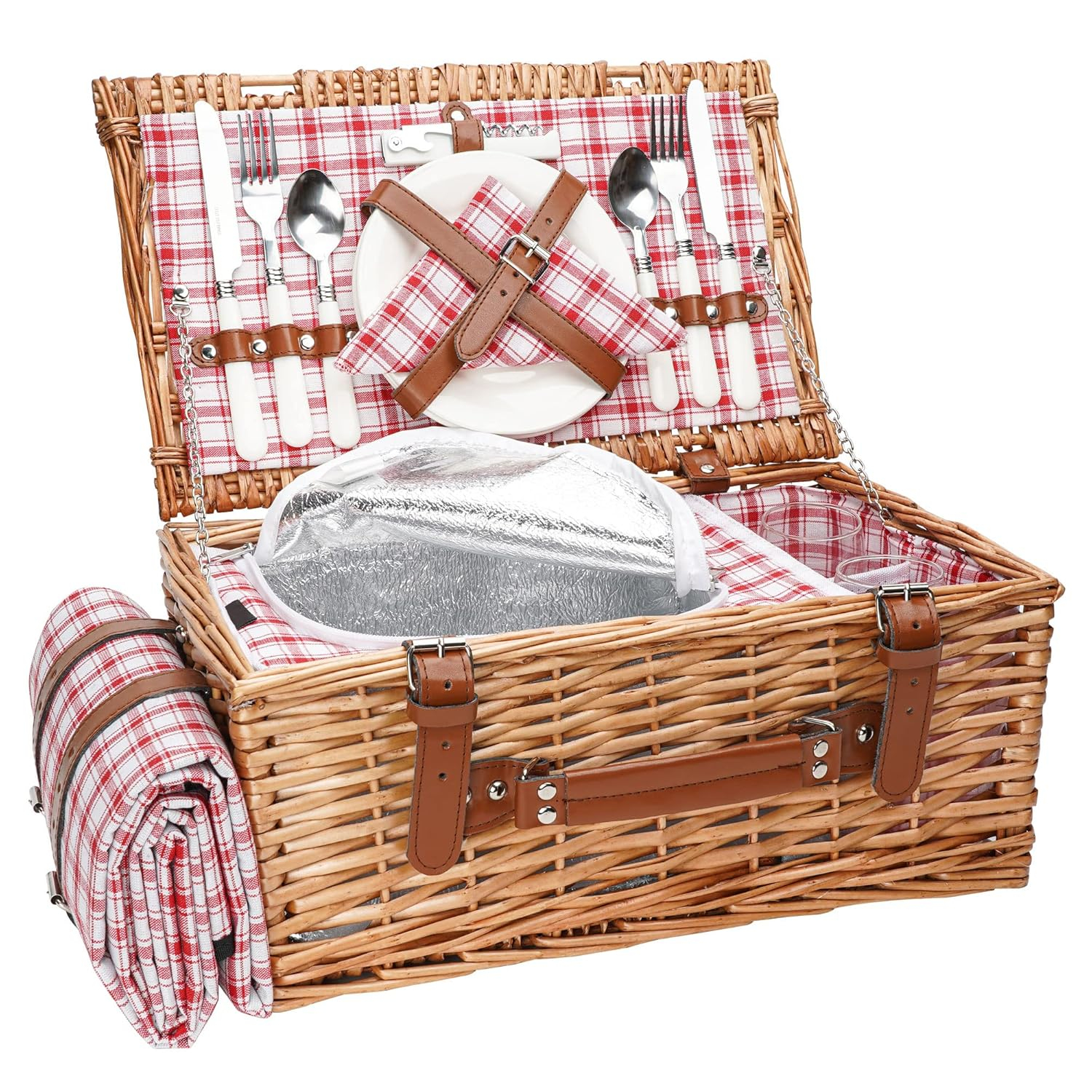 Wicker Picnic Basket Set for 2 Persons with Waterproof Picnic Blanket and Large Insulated Cooler Compartment, Willow Picnic Hamper Basket with Cutlery Service Kits for Camping, Wedding (Red)