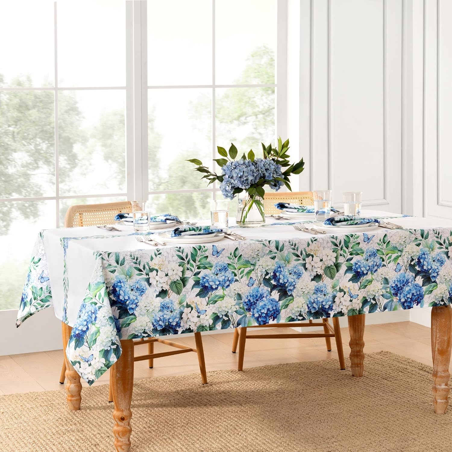 Hydrangea Bloom Floral Double Border Tablecloth - Multicolor - 60x144 - Elrene Home Fashions
