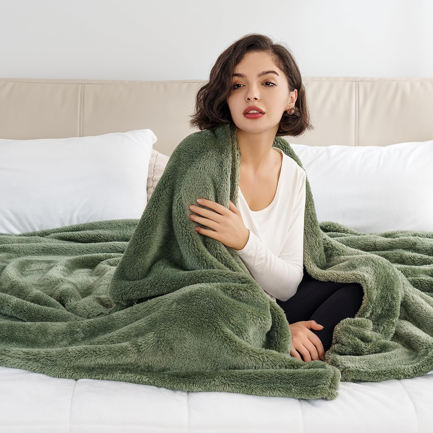 Berkshire Blanket Classic Extra-Fluffy™ Plush Blanket King Size, Soft Fuzzy Fluffy Long Hair Blanket for Couch Sofa Bed, Dark Sage Green, 90x108 Inches