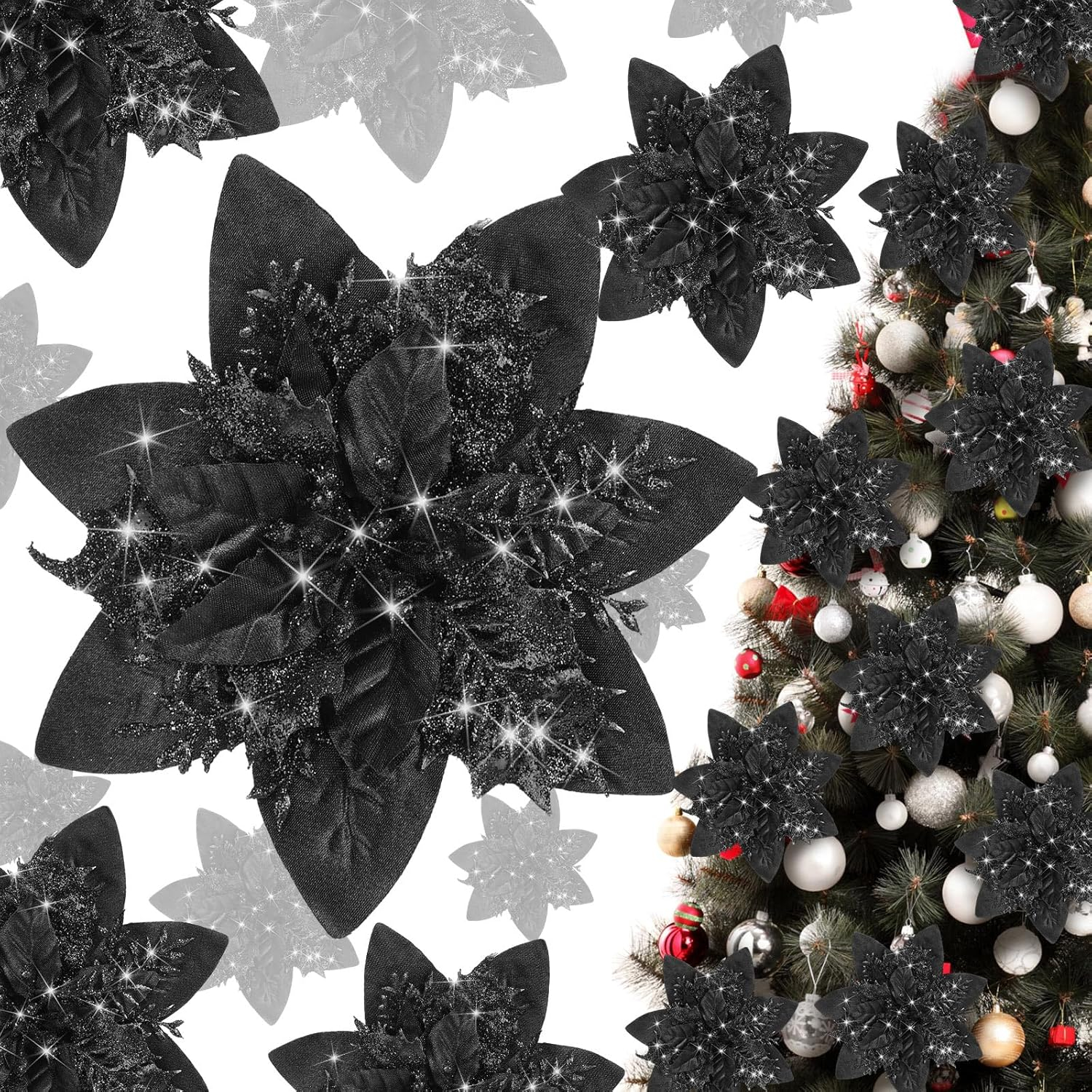 Glitter Christmas Poinsettia Artificial Xmas Flower Ornaments Flowers Decorations with Clips and Stems Glitter Poinsettia Christmas Tree Ornaments for Christmas Wedding (Black,36 Pieces)