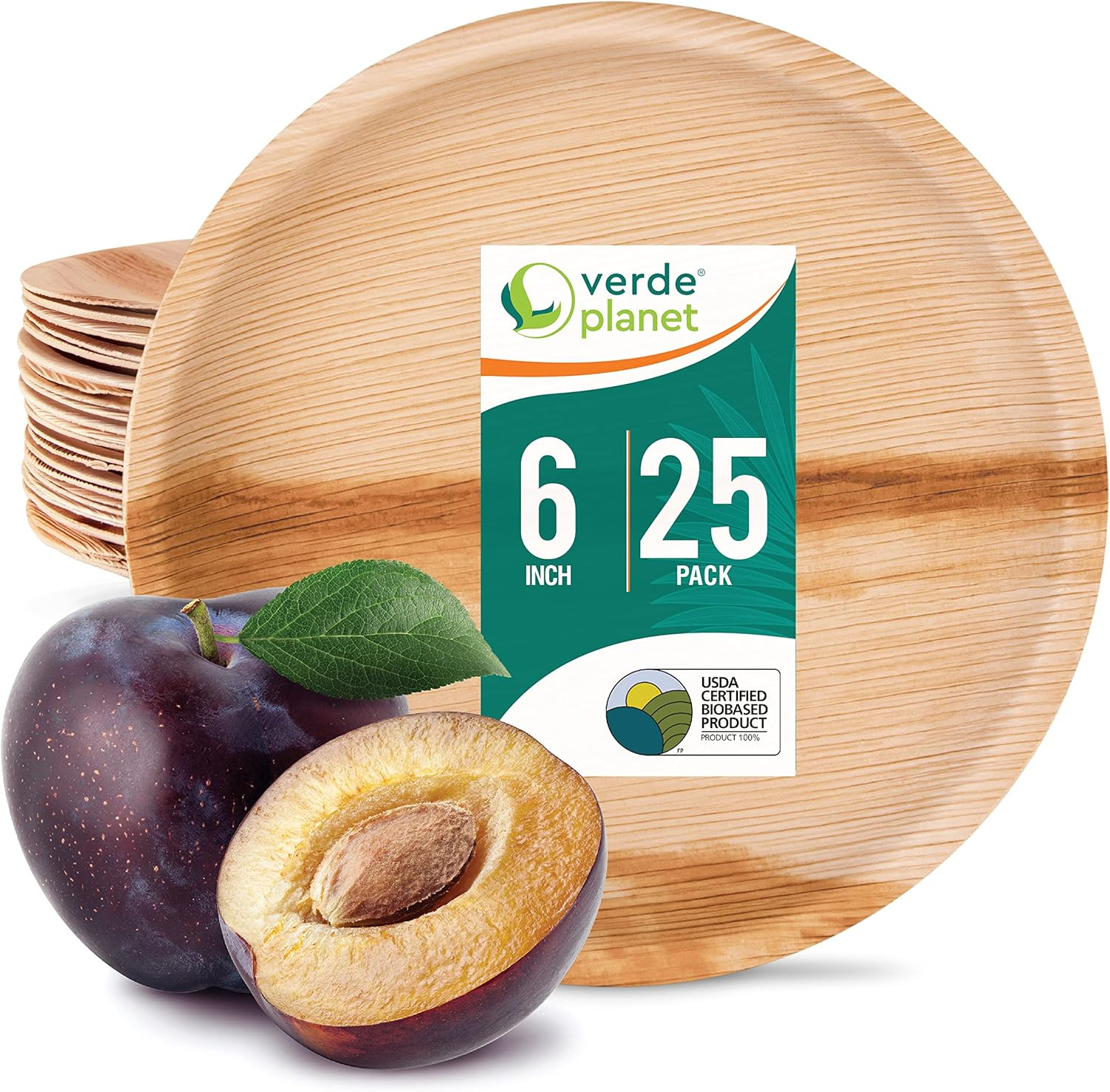 Eco-Friendly 6" Round Palm Leaf Disposable Plates, Pack of 25