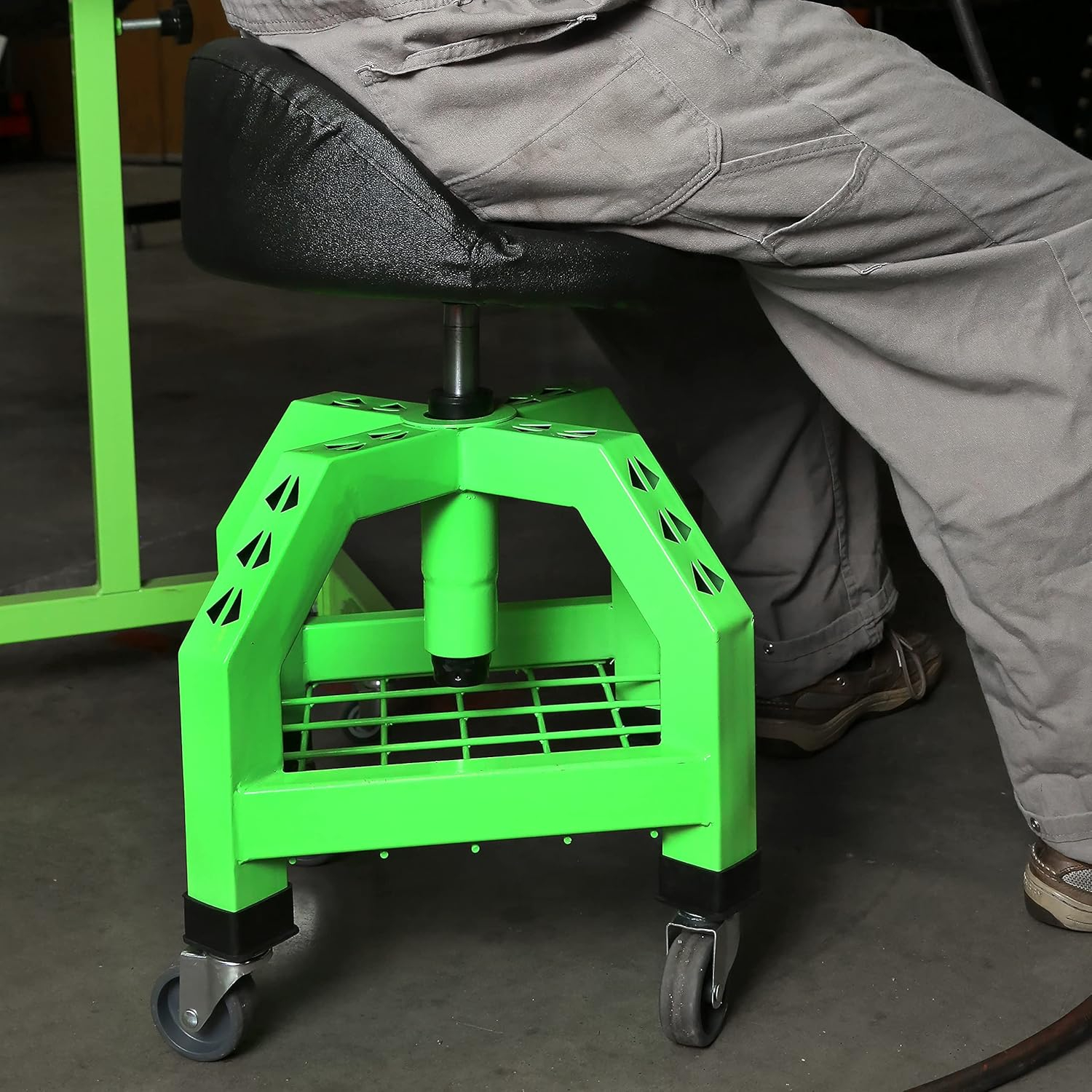 OEMTOOLS 24907 Shop Stool, 360 Degree Mechanic Stool with Height Adjustable Seat, 300LB Capacity, Foam Pad Seat, Lower Shelf Storage