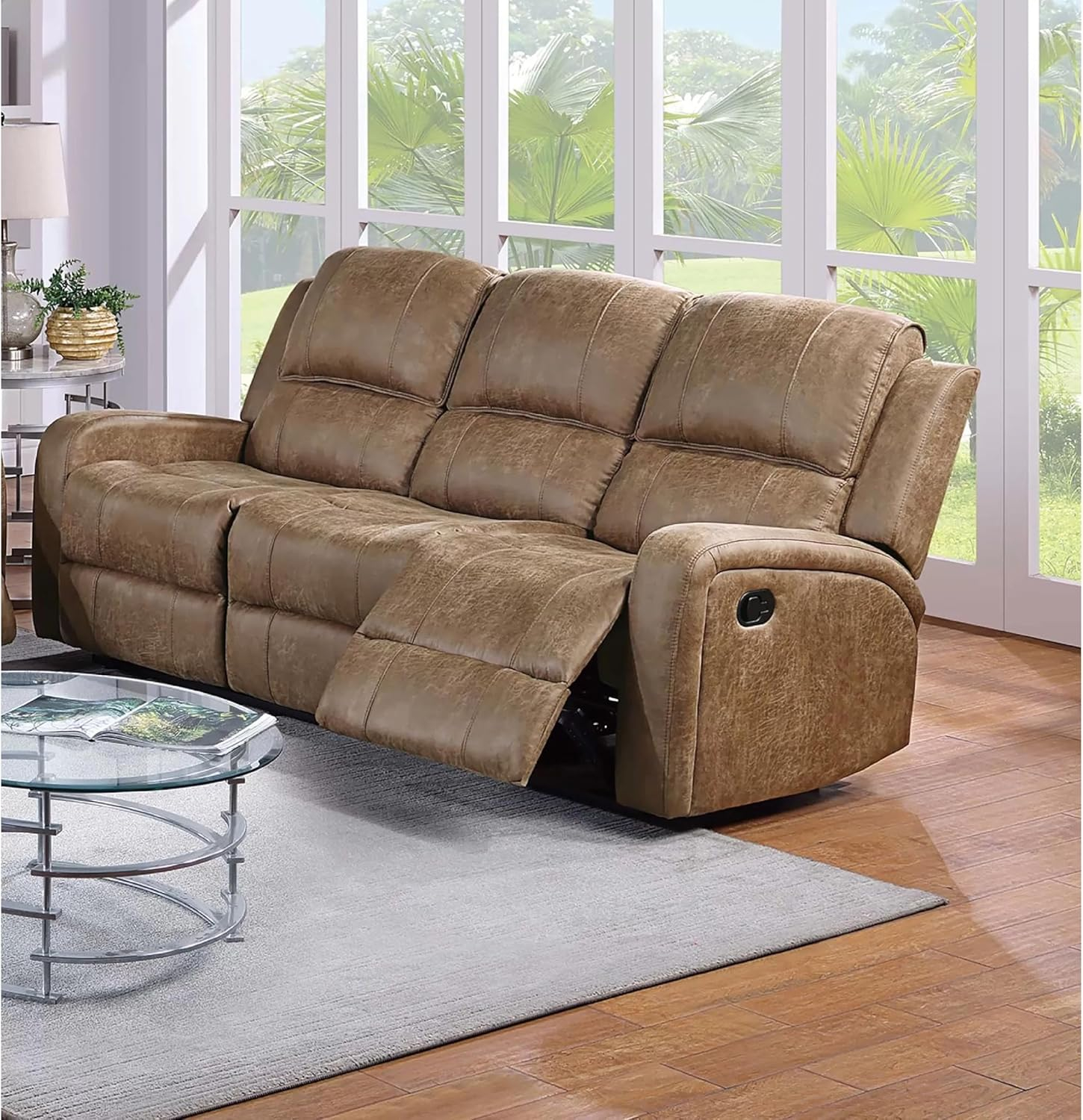 Chestnut Brown Tufted Faux Leather Reclining Sofa, 78 inch