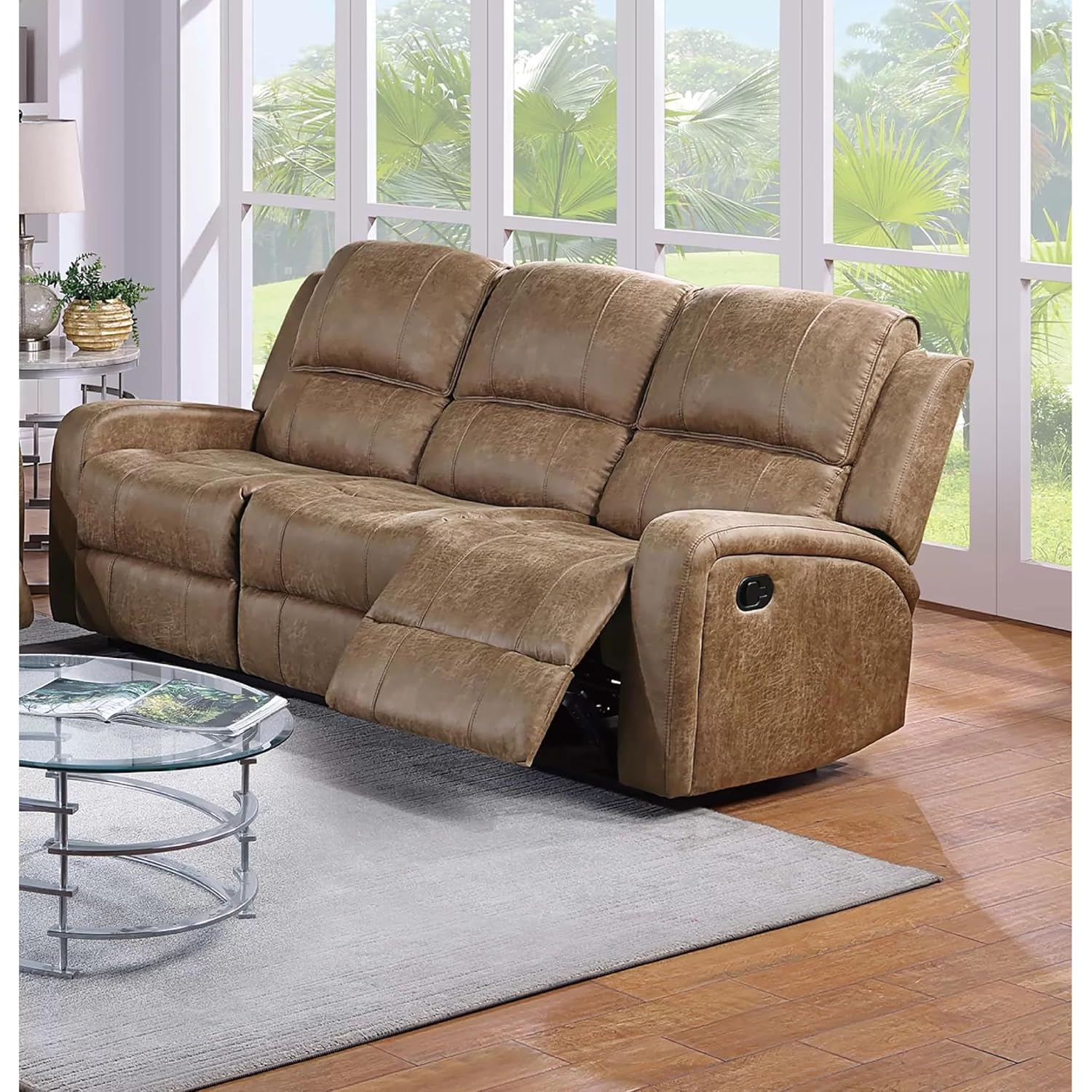 Chestnut Brown Tufted Faux Leather Reclining Sofa, 78 inch