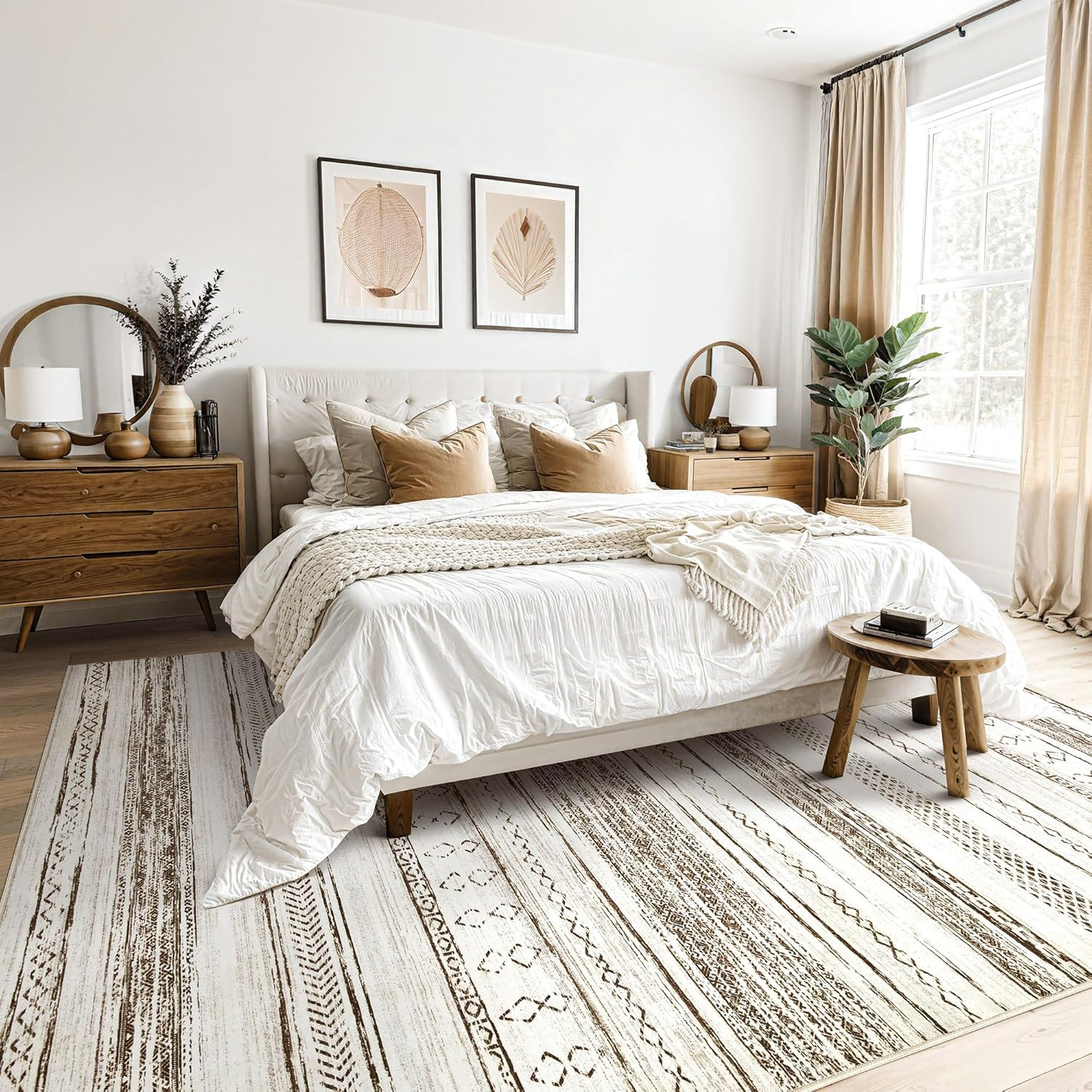 Tortania Area Rug Living Room Rugs - 5x7 Washable Large Soft Neutral Boho Moroccan Bohemian Farmhouse Rug Indoor Floor Carpet for Bedroom Under Dining Table Home Office Decor - Cream Brown