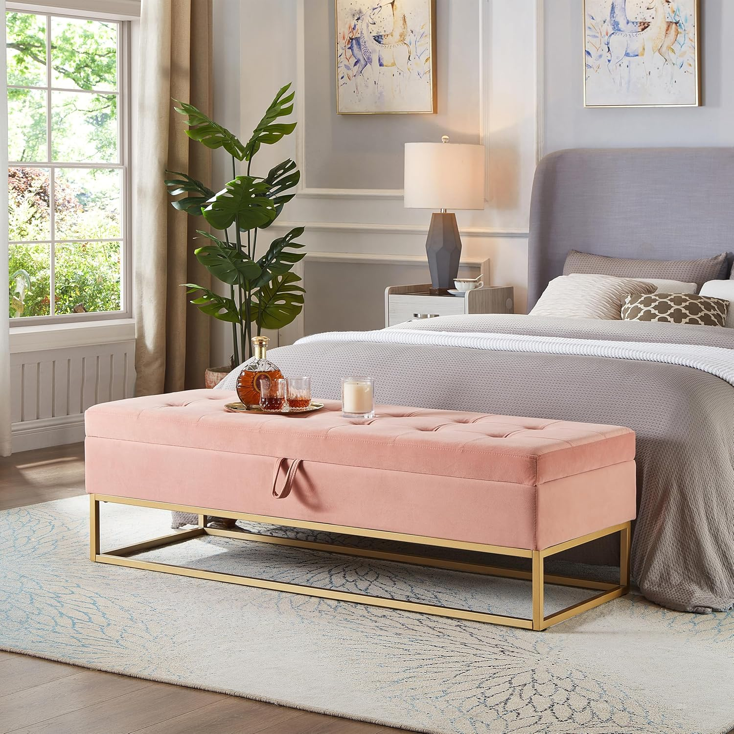 58.6" End of Bed Bench, Storage Bench with Metal Base Holds up to 500 lbs, Button Tufting Design Velvet Upholstered Bedroom Bench for End of Bed, Livingroom, Entryway, Window, Pink