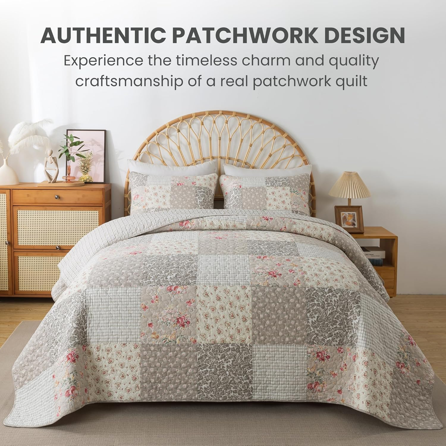SLPR Walk in The Cotswolds Patchwork Cotton Pieced Quilt Set - Queen Size with 2 Shams, Neutral Floral & Cream Cottage Quilted Bedspread, French Country Farmhouse Bedding for All Seasons