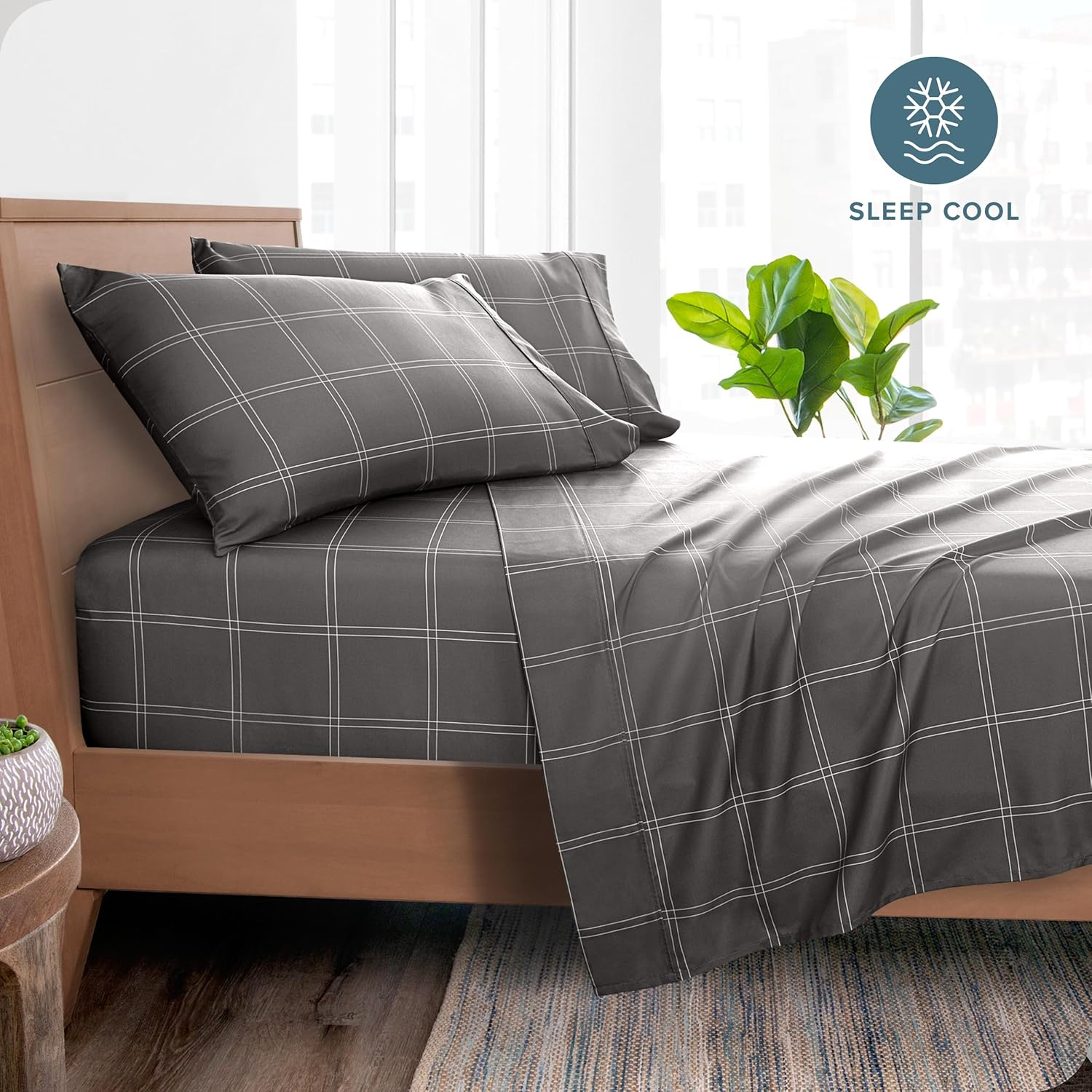 Bare Home Ultra-Soft Sheet Set - Premium 1800 Collection - Deep Pockets - 4-Pieces - King, Modern Plaid - Gray/White