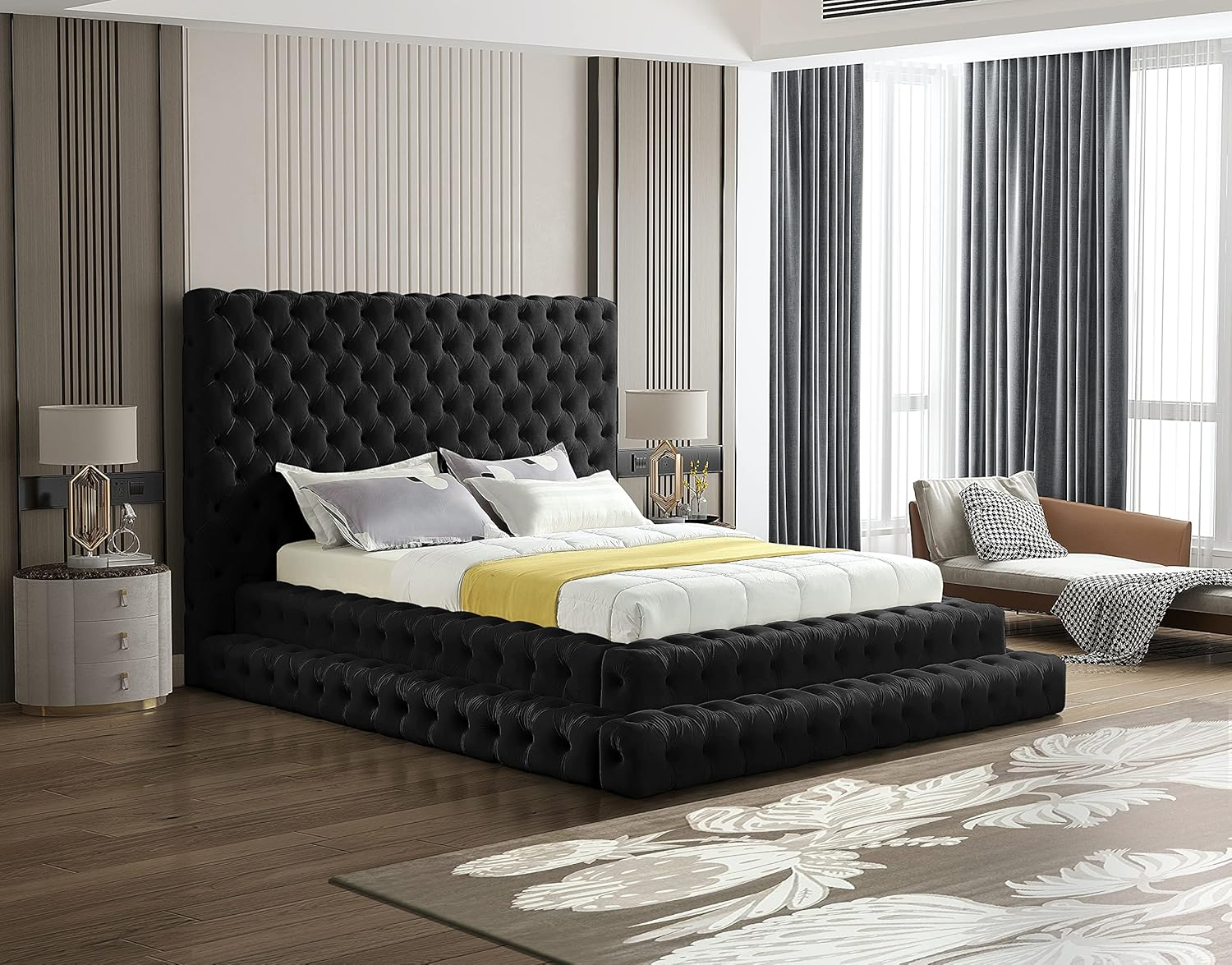Meridian Furniture Revel Velvet Queen Bed with Deep Button Tufting and Extra-Tall Headboard, Black