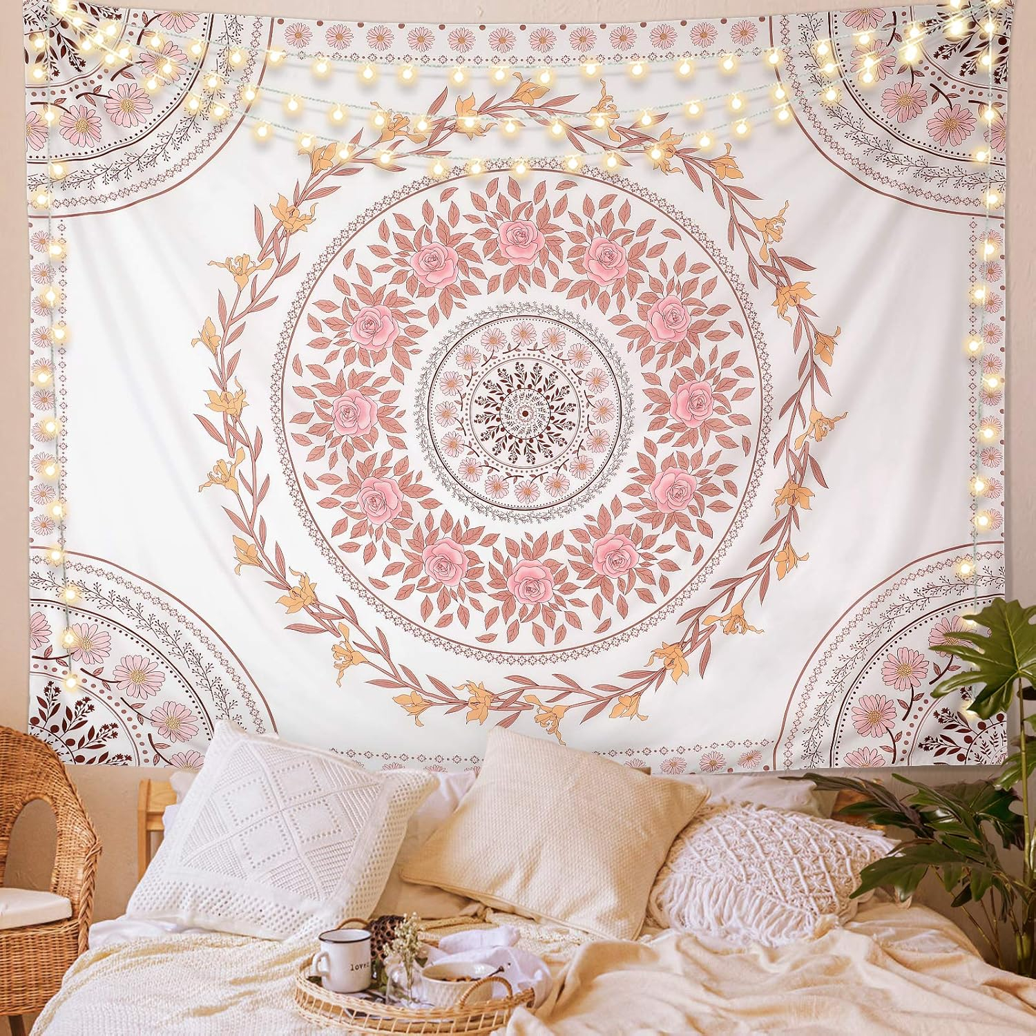 Mandala Tapestry Aesthetic,Boho Tapestry Wall Hanging,Pink Floral Medallion Tapestries,Bohemian Wall Art Hippie Decor for Bedroom Living Room Dorm 51"x59"
