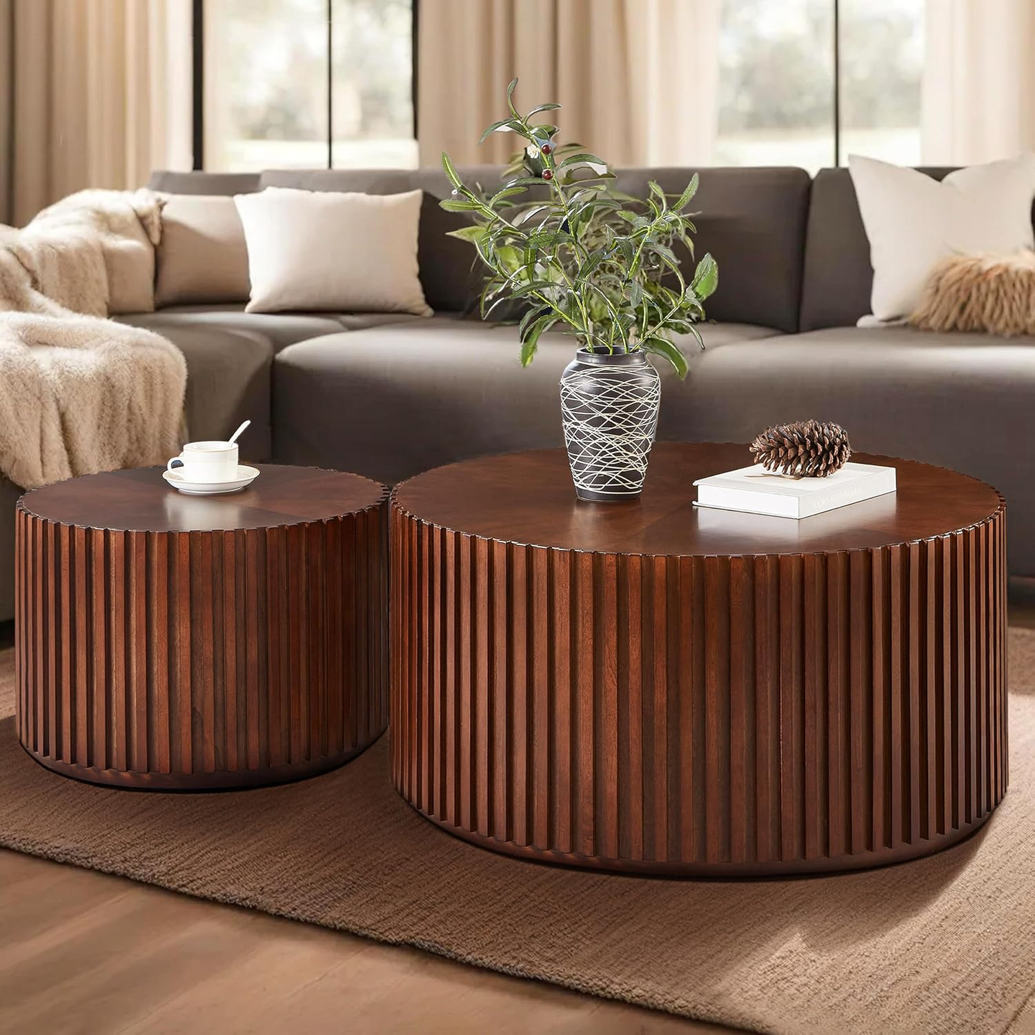 Round Wood Coffee Table Set of 2, Handcraft Drum Side Table End Table for Living Room, Modern Circle Wooden Coffee Table Set for Small Space, No Need Assembly(Deep Brown,31x31x16 in)