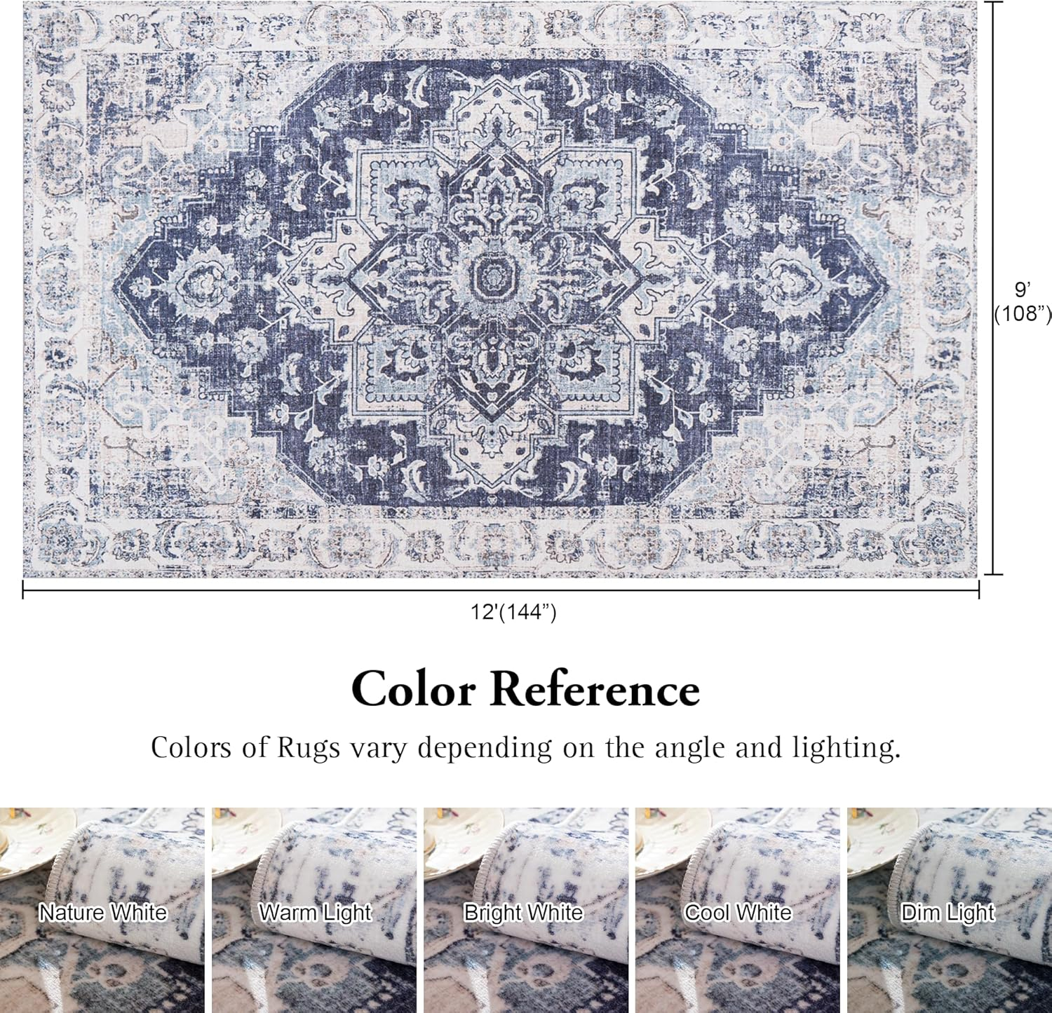 Washable Area Rug 5x7, Blue Rug for Living Room, Non Slip Low Pile Carpet for Bedroom, Dinning Room (Vintage Blue, 5'x7')
