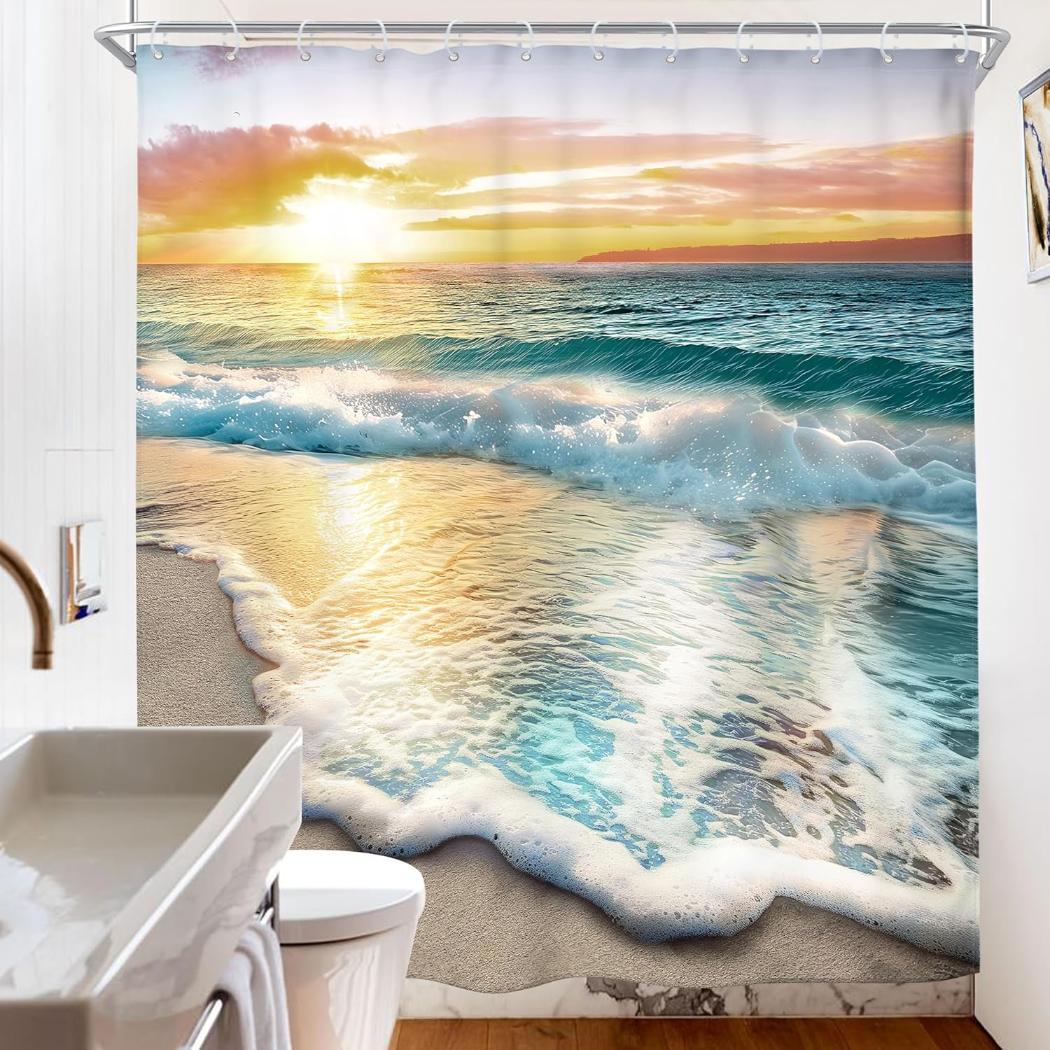Riyidecor Beach Ocean Themed Shower Curtain Sets for Bathroom, Sunrise Sunset View Scene 71x71 Inch Hawaii Seashore Summer Coastal Seaside Seascape Cloth Fabric Decorative 12 Hooks Waterproof BB-JWXP