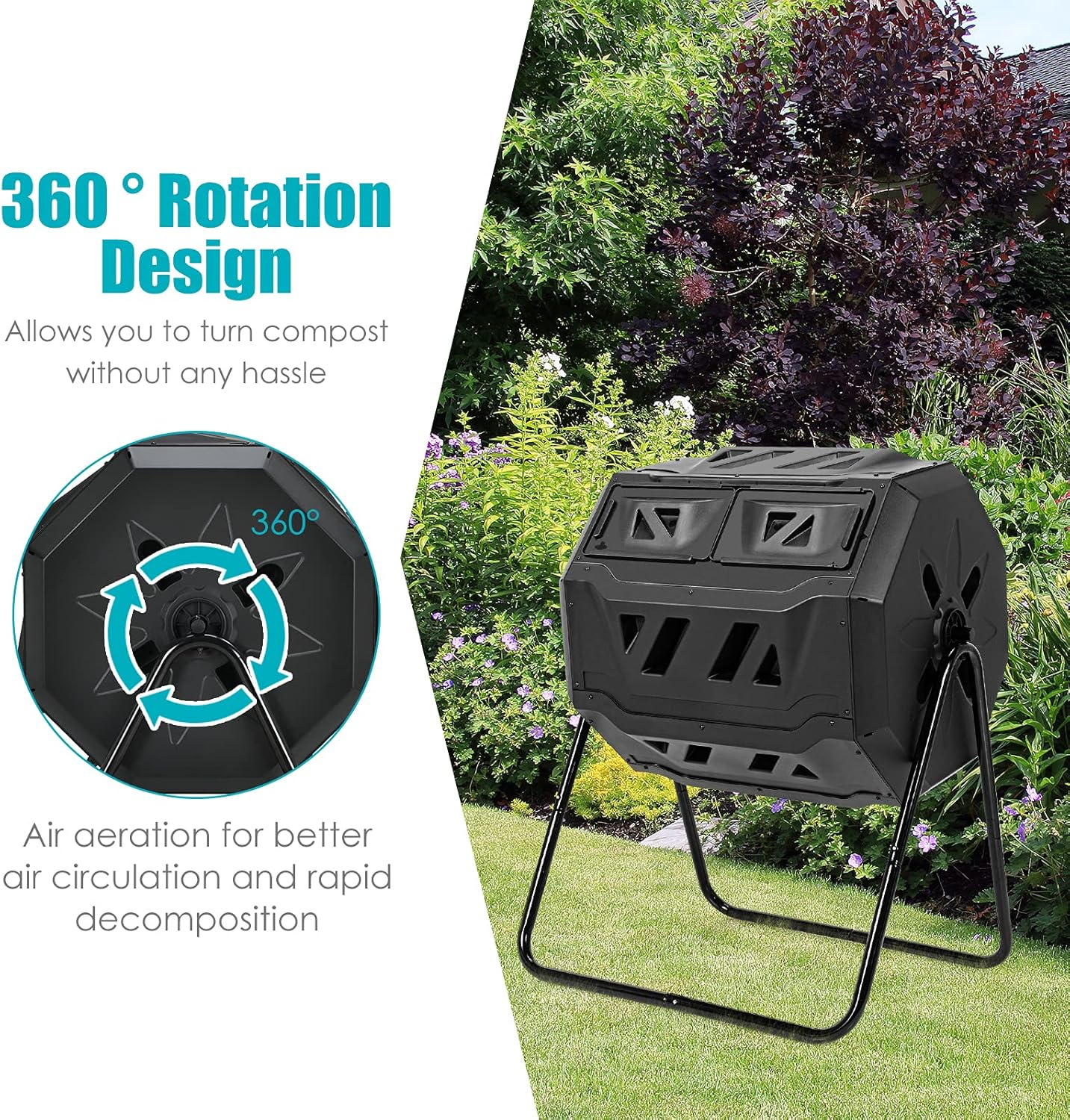 HomGarden Composting Tumbler 43gal Composter Bin W/ Dual Chamber BPA Free Black